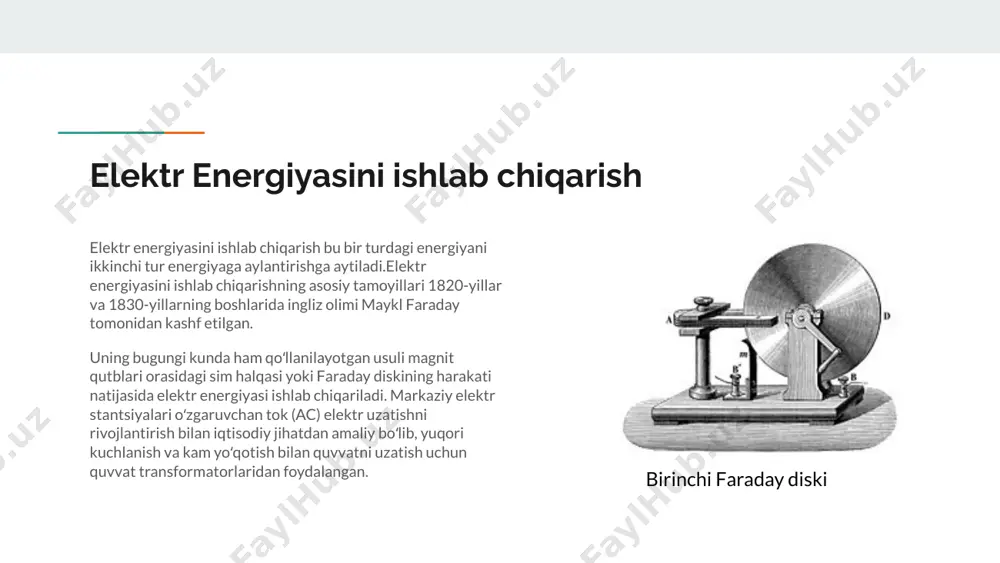 kin qisqaradi. ieslar, odatda, qattiq, suyuq yoki gaz holatdagi arzon yoqilgʻi koni yaqinida quriladi. stansiya generatorlaridan olingan elektr energiyasining asosiy qismi bir necha 100 km masofadagi isteʼmolchilarga kuchaytiruvchi transformator va yuqori voltli elektr uzatish liniyalari vositasida yetkaziladi, qolgan qismi esa stansiyaning oʻz generator kuchlanishida yoki pasaytiruvchi transformator orqali beriladi ies haqida(1) issiklik elektr stansiyalari (ies) — qattiq, suyuq va gaz holatdagi organik yoqilgʻilarning issiqlik energiyasini elektr energiyasiga aylantiradigan qurilmalar majmui. asosiy energetik agregatlar qatoriga suv yuradigan quvurlar (trubalar) batareyasidan iborat qozon tizimi, bugʻ turbina (bugʻ dvigatel) lari va turbogeneratorlar kiradi. qozon tizimiga yuborilgan suv yuqori bosimli bugʻga aylantirilib turbina parraklariga beriladi. natijada turbina bilan mexanik bogʻlangan generator tegishli tezlikda aylantirilib, mexanik energiya elektromagnit induksiya qonuniga binoan generatorda elektr energiyasiga aylanadi. iesda ishlatiladigan yoqilgʻi issiqlik energiyasining faqat 30% gina foydali elektr energiyasiga aylantiriladi, yaʼni ies ning foydali ish koeffitsiyenti 30% ga tengdir. ies haqida(2) foydali ish koeffitsiyenti qiymatini oshirish maqsadida qozondagi …