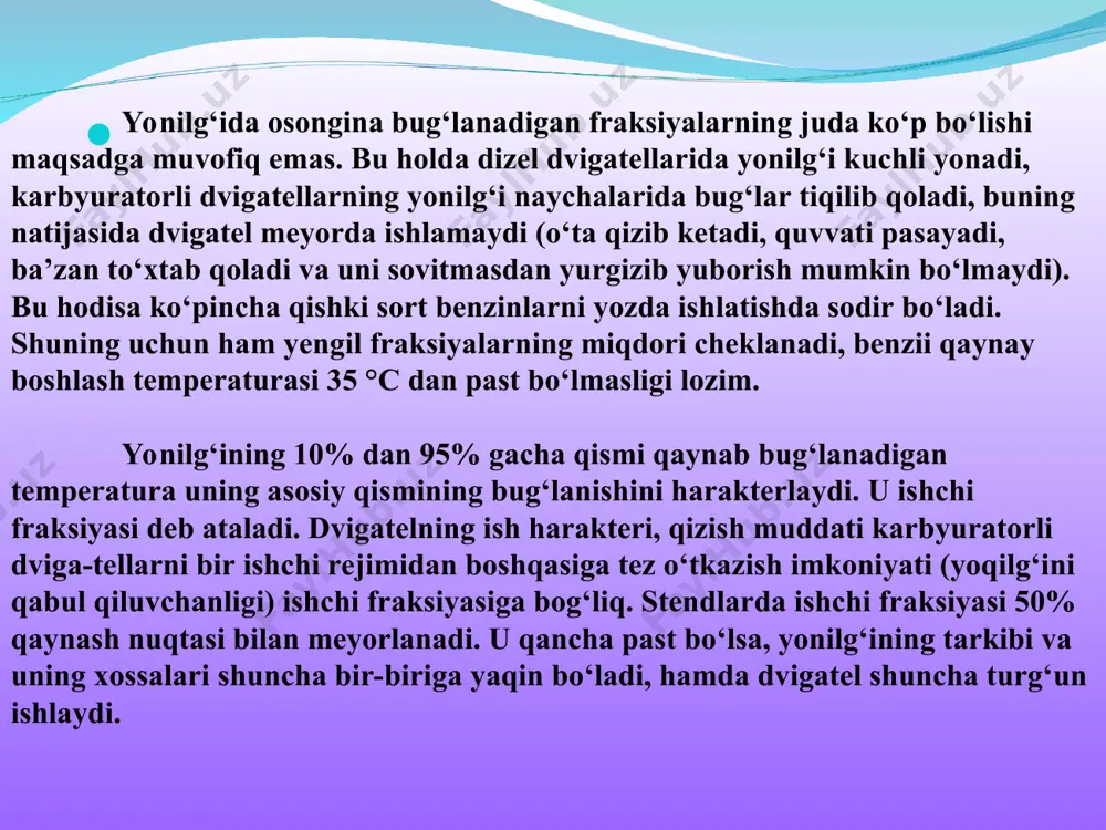 tirishdan iborat. yonilg‘i bug‘latilgandan keyin qolgan qoldiq haqiqiy smolalar miqdorini bildiradi. u 100ml yonilg‘i hisobiga milligrammda o‘lchanadi. benzinning turli markalari uchun bu miqdor 7-15 mg/100 ml, dizel yoilg‘isi uchun 30-50 mg/100 ml ga teng. benzinning oksidlanib smolali moddalar hosil qilishga moyilligi (barqarorligi) induksion davr bilan baholanadi. bu davr benzinning tashish, saqlash va undan foydalanish sharoitlari to‘g‘ri bo‘lganda o‘z tarkibini o‘zgartirmasdan saqlash hususiyatini belgilaydi. bu ko‘rsatgich laboratoriya qurilmasida benzinni sun’iy ravishda oksidlab aniqlanadi. (0.7 mpa=7kgk/sm2) bosimda, quruq va toza kislorod atmosferasida, 100°c temperaturada). induksion davr benzin oksidlana boshlagan vaqtdan to kislorodni faol yuta boshlaguncha o‘tgan vaqtdir. bu vaqt minutlarda o‘lchanadi. turli markadagi benzinlar uchun bu qiymat 600-900 min.ga, sifat belgisi berilgan benzinlar uchun 1200 min.ga teng. ko‘pincha hozirgi zamon benzin markalari uchun induksion davr kamida 900 min ga teng. tekshirishlar bunday benzinni 1~1,5 yil mobaynida saqlash mumkinligini, bunda sifati sezilarli darajada o‘zgarmasligini ko‘rsatadi. karbyuratorli dvigatellarda smolali o‘tirindilar ko‘pincha benzin tindirgichlarda, karbyurator …