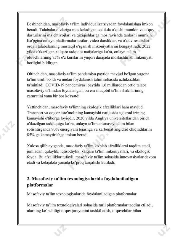 o**: edmodo o‘qituvchilar, talabalar va ota-onalarga onlayn tarzda muloqot qilish imkoniyatini beradi. platforma mustahkam xavfsizlik choralariga ega bo‘lib, turli vazifalar va testlar tashkil etishga imkon beradi. 2018-yilda edmodo 86 milliondan ortiq foydalanuvchilar bilan kengashgan edi. 7. **blackboard**: blackboard masofaviy ta'lim platformasi akademik resurslarni baham ko‘rish uchun keng qo‘llaniladi. dunyo bo‘ylab rasmiy ta’lim tizimlarida blackboard ko‘plab universitetlar va maktablar tomonidan ishlatiladi va bir milliondan ortiq muassasa foydalanuvchisi bor. 8. **khan academy**: khan academy ta'lim islohotiga hissa qo‘shuvchi bepul onlayn platforma bo‘lib, o‘zini-o‘zi o‘rganish va myloniy olishni qo‘llab-quvvatlaydi. uning ma’lumotlari jumladan, 2020-yilda pandemiya davrida 20 milliondan ortiq o‘quvchi xizmatlardan foydalangan. 9. **udemy**: udemy turli sohalarda onlayn kurslar taklif etuvchi platforma bo‘lib, jahon bo‘ylab 40 milliondan ziyod talabalarga xizmat ko‘rsatadi. har bir kurs professional ko‘rsatmalar va resurslar bilan ta’minlanadi. yuqorida sanab o‘tilgan platformalar masofaviy ta’limni yanada samara va qulay qilib tashkil etish uchun talabalarga, o‘qituvchilarga va ta’lim muassasalariga katta yordam beradi. ushbu texnologiyalar, …