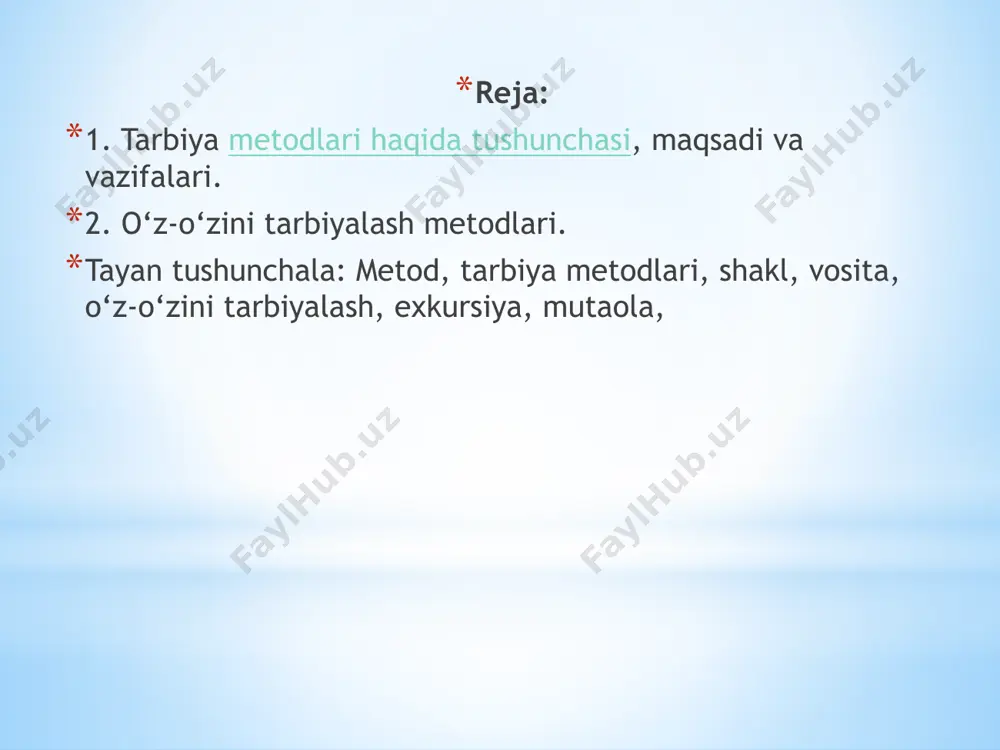 n beradi. maqsad qanday bo‘lsa, unga erishish metodlari unga muvofiq bo‘lishi zarur. tarbiyaning mazmuni shaxsning shakllanishiga qo‘yiluvchi ijtimoiy talablar mohiyatidan iborat. unutmaslik kerakki, aynan bitta vazifa turli xil fikrlar bilan to‘ldirilgan bo‘lishi mumkin. shuning uchun metodlarni umuman mazmun bilan emas, balki aniq fikr bilan bog‘lash g‘oyat muhimdir. tarbiyalanuvchilarning yosh xususiyatlari. tarbiya jarayonida tarbiyalanuvchilarning yosh xususiyatlarini inobatga olish maqsadga muvofiqdir. yosh xususiyatlari muayyan bir yosh davriga xos bo‘lgan anatomik, fiziologik (jismoniy) va psixologik xususiyatlardir. aytaylik, mas'uliyat tuyg‘usini boshlang‘ich ta'lim, o‘rta ta'lim va o‘rta maxsus, kasb-hunar ta'limi muassasalarida ta'lim olayotgan o‘quvchilarda ham shakllantirish mumkin. biroq har bir bosqichda mazkur sifatni shakllantirish borasida turli metodlar qo‘llaniladi. xalq pedagogikasida qo‘llanilgan xilma-xil tarbiya metodlarini quyidagi tarzda umumlashtirish mumkin. tushuntirish (hikoya qilish, o‘rgatish). mashqlantirish (odatlantirish, mashq qildirish). 3. namuna (maslahat berish, uzr so‘rash, yaxshiliklar haqida so‘rash, o‘rnak bo‘lish). 4. nasihat qilish, o‘git (undash, ko‘ndirish, iltimos qilish, yolvorish, tilak-istak bildirish, ma'qullash, rahmat aytish, duo qilish, oq yo‘l …