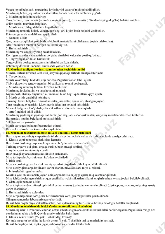 qa jismlar harakati sabab qon sirpanadi. 4. chiziqli dog‘lar: oqim shaklida harakatlanayotgan qon dog‘lari. gravitatsiya yoki jarohatning joylashuvi sabab hosil bo‘ladi. 5. splash yoki chaqnoq dog‘lari: kuchli zarba yoki bosim natijasida qonning mayda tomchilar shaklida sochilib ketishi natijasida paydo bo‘ladi. hosil bo‘lish mexanizmi: gravitatsion qon tomchilari: qon o‘z vazni ta’sirida tomib tushadi. mexanik ta’sir natijasida sochilish: jarohatga qo‘llangan kuch yoki qonni siljituvchi harakatlar sabab. siljish va sirpanish: qon bilan aloqa qilgan narsa yoki tana harakatida yuz beradi. zarba yoki bosim ta’siri: qonni shiddat bilan oqishi yoki sochilishiga olib keladi. 11. sperma mavjudligini aniqlash uslublari sperma mavjudligini aniqlashda turli biologik va kimyoviy usullar qo‘llaniladi: 1. mikroskopik tahlil: mikroskop yordamida spermatosoidlar mavjudligini aniqlash. ushbu usul spermatozoidlarni bevosita kuzatish orqali natija beradi. 2. kimyoviy usullar: kislotali fosfataza testi: spermada yuqori konsentratsiyada bo‘lgan ferment kislotali fosfataza aniqlanadi. prostat-spesifik antigen (psa) testi: spermada mavjud bo‘lgan maxsus antigenni aniqlash uchun ishlatiladi. 3. immunologik tahlil: antigen-antitel reaksiyasi …