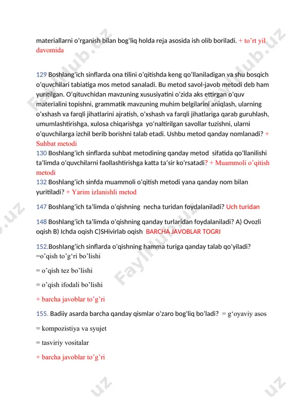 y asos = kompozistiya va syujet = tasviriy vositalar + barcha javoblar to’g’ri 159. boshlang‘ich sinflarda badiiy asar ustida ishlash nechta bosqichga bo’linadi? + uch bosqichga 160. boshlang‘ich sinflarda badiiy asar ustida ishlashning birinchi bosqichi (birinchi sintez)ning vazifasi nimadan iborat? + bu bosqichning asosiy vazifasi matnni yaxlit idrok etish asosida asarning aniq mazmuni va tasviriy ifoda vositalari bilan tanishtirishdan iborat. 161 boshlang‘ich sinflarda badiiy asar ustida ishlashning ikkinchi bosqich (analiz)ning vazifasi nimadan iborat? + bu bosqichning vazifasi va ish mazmuni voqealar rivojining bog‘lanishini belgilash, ishtirok etuvchi shaxslarning xulq-atvori va ularning asosiy xususiyatlarini aniqlash dan iborat. 162 boshlang‘ich sinflarda badiiy asar ustida ishlashning uchinchi bosqich (ikkinchi sintez)ning vazifasi nimadan iborat? + bu bosqichning ish mazmuni ishtirok etuvchi shaxslarning muhim xususiyatlarini umumlashtirish, qahramonlarni taqqoslash va baholash, asarning g‘oyasini aniqlash, badiiy asarni hayotni bilish manbai va san’at asari sifatida baholash dan iboratdir. 165 bu ish turidan tabiat tasviriga bag‘ishlangan yoki ishlab chiqarish, qurilish, …