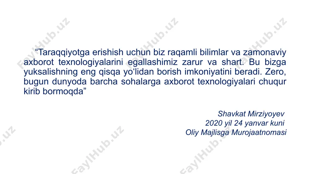 niluvchining maxfiy bo‘lmagan qayd yozuvi hisoblanadi. parol uning egasi haqiqiyligini aniqlash jarayonida tekshiruv axboroti sifatida ishlatiladigan belgilar ketma-ketligi. axborot tizimiga kirish id.egov.uz yagona identifikatsiya tizimi (oneid) eri elektron raqamli imzo 17 axborot tizimlariga kirish vositalari № axborot tizimlari, portal, platformalar jismoniy shaxs yuridik shaxs 1 edo.ijro.uz 2 erp.maktab.uz 3 my.mehnat.uz 4 my.gov.uz 5 e-shahodatnoma.uz 6 stesting.uz 7 my.maktab.uz 8 onlinedu.uz 9 my.soliq.uz 10 vacancy.argos.uz axborot tizimlariga kirish vositalari № axborot tizimlari, portal, platformalar jismoniy shaxs yuridik shaxs 1 edo.ijro.uz oneid, eri oneid, eri 2 erp.maktab.uz - login-parol 3 my.mehnat.uz oneid - id.egov.uz eri 4 my.gov.uz oneid - 5 e-shahodatnoma.uz - oneid 6 stesting.uz login-parol login-parol erp 7 my.maktab.uz tel raqam, parol - 8 onlinedu.uz login-parol, oneid login-parol 9 my.soliq.uz eri, mobil imzo, usb-token oneid eri, mobil imzo, usb-token 10 vacancy.argos.uz oneid yagona milliy mehnat tizimi (my.mehnat.uz) id.egov.uz yagona identifikatsiya tizimi (oneid) 20 yagona interaktiv davlat xizmatlari portali (my.gov.uz) 21 amaliy …
