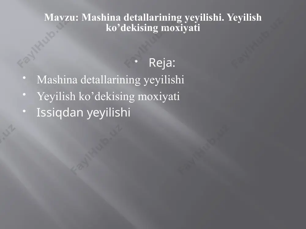 rshilik koʻrsata olish xususiyati eyilishga chidamlilik deb ataladi. u ishlash jarayonida buyumning massasi kamayishi va oʻlchami kichrayib borishi bilan baholanadi[1]. yeyilish ko’dekising moxiyati m ashinalar elektr jihozlarining tok o ‘tkazuvchi detallari simlar, chulg'am lam ing izolyatsiyasi buzilishi yoki ulaming o ‘zi uzilishi oqibatida qisqa tutashuv yoxud «massaga» ulanish bo‘lganda issiqlik ta’sirida kuchli zo‘riqadi. issiqdan yemirilgan detallar ta’mirlanmaydi. issiqdan yeyilishi issiqdan yemirilish issiqlik maydoni ta’sirida sodir bo‘ladi. mashinaning ba’zi detallari ishlayotgan vaqtda qiziydi, oqibatda ilgari ularning ashyosida hosil qilingan tuzilish buziladi va ular o‘zining xizmat qilish xossalarini yo‘qotadi. bunday detallarga silindrlar kallagi, yonish kameralari, porshenlar, chiqarish kollektorlari va quvurlari kiradi image2.jpeg image3.jpg image4.jpg /docprops/thumbnail.jpeg