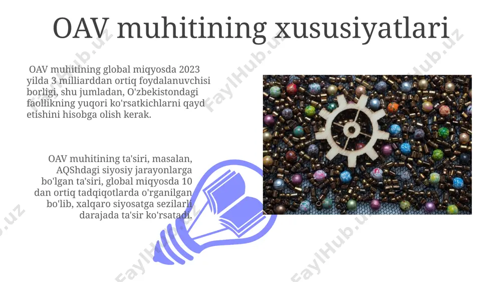 b, turli ijtimoiy guruhlarning fikrlarini shakllantirishga sezilarli ta'sir ko'rsatadi. 2023 yilgi tadqiqotlar shuni ko'rsatdiki, o'zbekistondagi oavlarning 5% dan kamrog'i mustaqil va hukumat nazoratidan chetda faoliyat yuritadi, bu esa axborotning xilma-xilligini cheklaydi. oav va jamoatchilik fikri surxondaryo viloyatida o'tkazilgan so'rov natijalariga ko'ra, 3000 dan ortiq respondentning 75% oav orqali olingan ma'lumotlarga asoslanib qaror qabul qilishini ta'kidlagan. bu jamoatchilik fikrini shakllantirishda oavning rolini yaqqol namoyish etadi. 2022-yilda samarqandda amalga oshirilgan tadqiqotlar shuni ko'rsatdiki, ijtimoiy tarmoqlardagi 1 million dan ortiq foydalanuvchining 60% siyosiy mavzulardagi xabarlarni asosan oavdan olishini va bu ularning fikrlariga sezilarli ta'sir ko'rsatayotganini aniqladi. oav sohasining tuzilishi 01 02 toshkentdagi oav agentliklari soni 2010 yildagi 5 tadan 2023 yilda 25 taga yetdi, bu esa ma'lumotlar tarqalishining tezligini oshirdi. sales 1st qtr 2nd qtr 100 0 sales 1st qtr 2nd qtr 100 0 oavning siyosiy ta'siri 1991 yildan keyin oʻzbekistonda oavning rivojlanishi va siyosiy ta'siri, 3 ta asosiy davrga boʻlinishi mumkin: avvalgi …