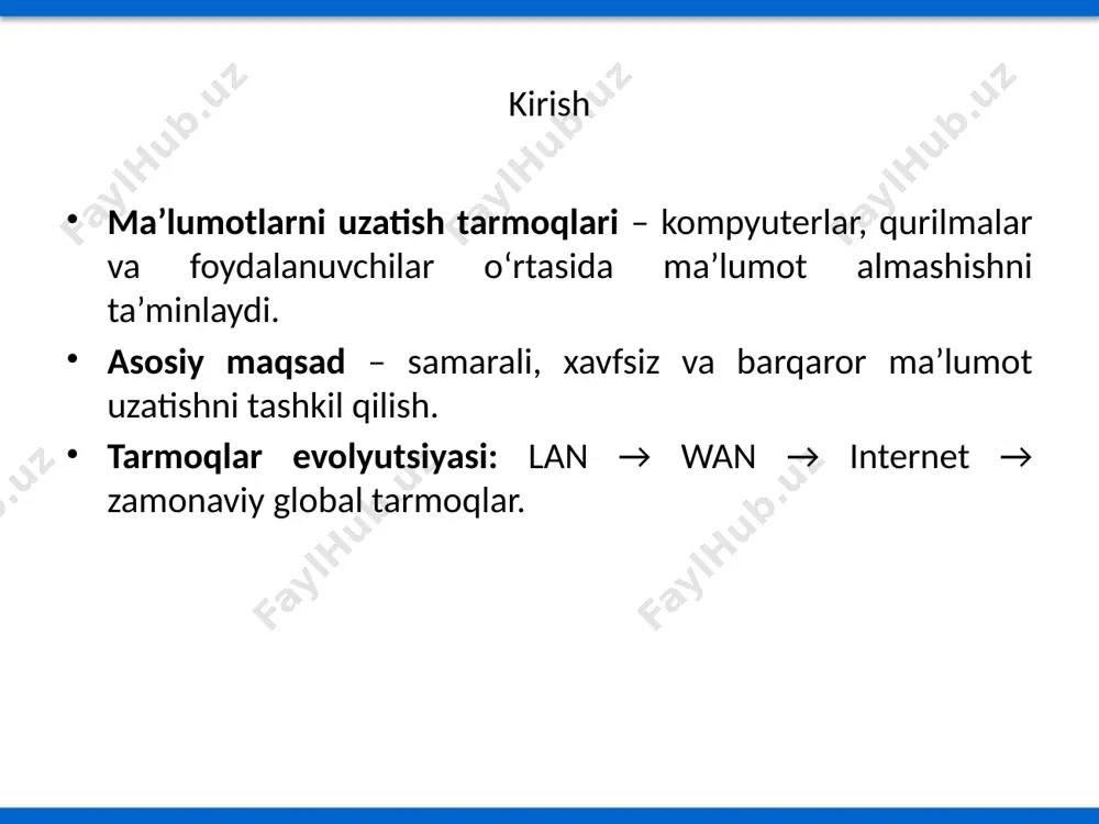 aradorlik past yuqori afzalliklar va kamchiliklar afzalliklar: yuqori tezlik, kengayuvchanlik, konvergentsiya imkoniyati. kamchiliklar: murakkab boshqaruv, xavfsizlik muammolari, qimmat infratuzilma. glossary lan – local area network (mahalliy tarmoq). wan – wide area network (keng hududli tarmoq). konvergentsiya – xizmatlarni yagona tarmoq orqali uzatish. kommutatsiya – ma’lumotlarni uzatishda yo‘l tanlash jarayoni. osi modeli – ochiq tizimlar o‘zaro ishlash modeli. tcp/ip – internet protokollar to‘plami. nazorat savollari 1. kompyuter tarmoqlarining rivojlanish bosqichlarini sanab bering. 2. tarmoq konvergentsiyasi nimani anglatadi? 3. tarmoqni qurishda qanday tamoyillar amal qiladi? 4. fizik uzatish muhitlariga misollar keltiring. 5. kanal va paket kommutatsiyasi o‘rtasidagi farqlarni tushuntiring. xulosa kompyuter tarmoqlari evolyutsiyasi landan internetgacha bo‘lgan rivojlanishni o‘z ichiga oladi. konvergentsiya – ovoz, video va ma’lumotni bitta tarmoq orqali uzatish imkonini berdi. kommutatsiya texnologiyalari samaradorlik va sifatni belgilaydi. tarmoqni samarali qurish uchun tamoyillar, dasturiy va apparat vositalar uyg‘unligi zarur. image1.png /docprops/thumbnail.jpeg