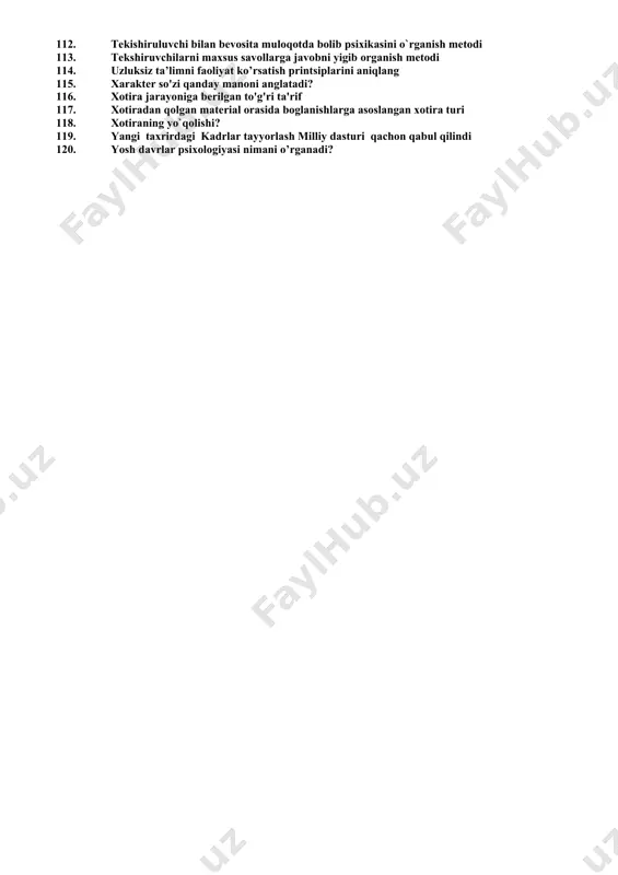 bilan bevosita yaqin aloqada rivojlanadi 66. pertseptiv qobiliyat turi nima 67. psixik holatlarga nimalar kiradi? 68. psixikaning moddiy asosi to’g'ri ko’rsatilgan qatorni toping. 69. psixikaning nomoyon bo’lish shakllari qanday? 70. psixikaning yuksak formasi toping? 71. psixioiogiya nimani o'rganadi? 72. psixiologiya fanida dualism oqimiga asos solgan faylasuf. 73. psixodiagnostika yuzaga kelishining ikkinchi manbai….. 74. psixologiya fani qaysi sohalari tarkibiga kiradi 75. psixologiya fani qachon mustaqil fan bo’lib chiqqan? 76. psixologiya fanining mustaqil fan bo’lib chiqishiga xissa qo’shgan olim. 77. psixologiya fanining otasi kim? 78. psixologiya fanining vazifasini aniqilang. 79. psixologiya qaysi fanlar negizidan paydo bo’lgan? 80. psixologiya qaysi so’zdan olingan bo’lib nima degan ma'noni anglatadi? 81. psixologiya so’zi qadimda nima deb yuritilgan? 82. psixologiya so’zining ma'nosi nima? 83. psixologiya termini nechanchi asrda vujudga kelgan? 84. psixologiyaning o'zbekistonda qancha fan sohalaridan foydalaniladi? 85. qanday xissiy xolat paytida ongning nazorat qilish vazifasi buziladi? 86. qobliyatning tabiiy asosi nimalardan iborat? 87. quyidagi aqidaga amal …