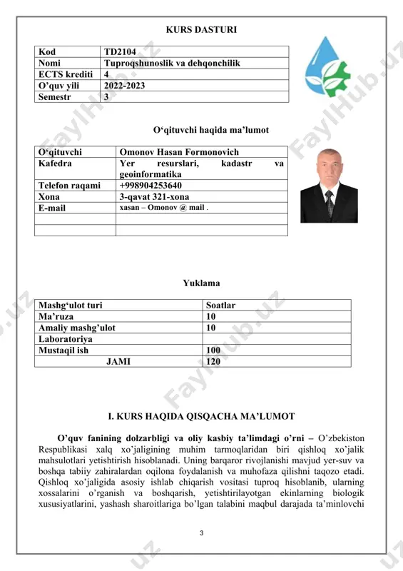 ik singdirish qobiliyatini amaliy tadbiq qilish; sho’rlangan tuproqlar paydo bo’lish sabalari, ularning tarqalish, xossa va xususiyatlari; sho’rlanish darajalari, tipi, qiyin o’zlashtiriladigan tuproqlar tarqalishi, paydo bo’lish sabablari va ximizmni haqidagi bilimlarni shakllantirish, tuproqqa asosiy, ekishdan oldin va keyin ishlov berishni; dehqonchilik tizimi, uning rivojlanish tarixi va tasnifi, dehqonchilikning zonal tizimlari va ularning ilmiy asoslari, qishloq xo’jalik ekinlarini sug’orish usullari va texnikasidan foydalanish; qishloq xo’jaligining barcha sohasida zamonaviy dehqonchilik yutuqlarini qo’llay olish haqidagi nazariy va amaliy ko’nikmalarni hosil qilish. kursga qo‘yiladigan boshlang‘ich talablar: “tuproqshunoslik va dehqonchilik” fani matematika va tabiiy-ilmiy fanlar blokdagi fan hisoblanib, 2-kursda o’qitilishi maqsadga muvofiq. ushbu fanni o’zlashtirish uchun talabalar matematika, fizika, kimyo, axborot texnologiyalari fanlaridan yetarli bilim va ko’nikmalariga ega bo’lishlari talab etiladi. ta’lim strategiyasi: kursning borishi quyidagicha amalga oshiriladi: ma’ruza darsida talaba kurs bo‘yicha zaruriy nazariy bilimlarni oladi. talaba semestr davomida oraliq nazoratdan o‘tadi. amaliy mashg‘ulotda o‘qituvchi ma’ruzada olingan nazariy bilimlarning amaliy tadbiqini namoyish qiladi. har bir …