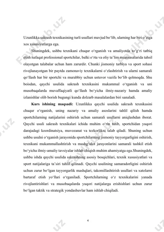 a sakrash texnikasining asosiy nazariy tamoyillarini o‘rganish va ularning sport natijalariga ta’sirini tahlil qilish. ushbu usulning muhim texnik jihatlarini, jumladan, yugurib kelish, sakrash, havoda harakatlanish va yerga tushish bosqichlarini batafsil o‘rganish. sportchilarning texnik mahoratini oshirish uchun jismoniy tayyorgarlik mashqlarini ishlab chiqish va ularning samaradorligini baholash. qaychi usulida sakrash texnikasini takomillashtirish maqsadida zamonaviy trening usullari va metodlarini tahlil qilish, ularni mashg‘ulot jarayonida samarali qo‘llash yo‘llarini aniqlash. musobaqalarda yuqori natijalarga erishish uchun qaychi usulidan optimal foydalanish bo‘yicha strategiyalar ishlab chiqish. ushbu texnikani o‘zlashtirish jarayonida yuzaga kelishi mumkin bo‘lgan muammolarni aniqlash va ularni bartaraf etish bo‘yicha uslubiy tavsiyalar ishlab chiqish. tadqiqot natijalariga asoslanib, sportchilar, murabbiylar va jismoniy tarbiya mutaxassislari uchun ilmiy-amaliy xulosalar hamda tavsiyalar tayyorlash.mazkur vazifalar qaychi usulida sakrash texnikasini chuqur o‘rganish va uni amaliyotga samarali joriy etish orqali sportchilarning natijalarini yaxshilash hamda jismoniy tayyorgarlik jarayonini takomillashtirishga xizmat qiladi. kurs ishining tarkibiy tuzilmasi: ushbu kurs ishi 2 ta bob, 6 ta reja, xulosa …