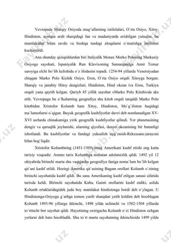 kuba, gainti orollarini kashf etdiki, aslida kolumb ertaklaridagidek juda boy mamlakat hindistonga bordi deb o`ylagan. u hindistonga-osiyoga g`arbga tomon yurib sharqdan yetib keldim deb hisoblagan kolumb 1493-96 yillarga ikkinchi, 1498 yilda uchinchi va 1502-1504 yillarda to`rtinchi bor sayohat qildi. hayotining oxirigacha kolumb o`zi hindiston ochgan yerlarni deb hato hisobladik. shu to`rt marta sayohatning ikkinchisida 1499 yilda alonsa yed oxeda boshchiligida kema tarkibida xizmat qilgan amerigo vespuchchining nomi bilan yangi ochilgan materik amerika deb ataladi. bu nomlanish ham tasodifiy holda yuz berdi deyish mumkin. amerigo vespuchchining yozib qoldirgan maktublari germaniyaning sen-per shahrida matbuotda bosib chiqariladi. nemis kartografi martin valdzemyullar boshchiligidagi jurnalda ilmiy to`garak a`zolari chiqargan e`lon qilingan maktubdaligi ochilgan qit`aning tabiati xaqqoniy ta`riflangan va bu materika vespuchchining o`zi boshchiligida sayohat uyushtirilganligi ko`rsatilgan. aslida vespuchchi biron-bir ekspediyaga bosh bo`lganini tarixiy dalillar isbotlaydi, bunday sayohat bo`lmagan. valdzemyuller tuzgan xaritada yangi ochilgan qit`aga amerika deb nom berilgan ediki, xaritalarda bu nomni valdzemyuller izohlab shunday …