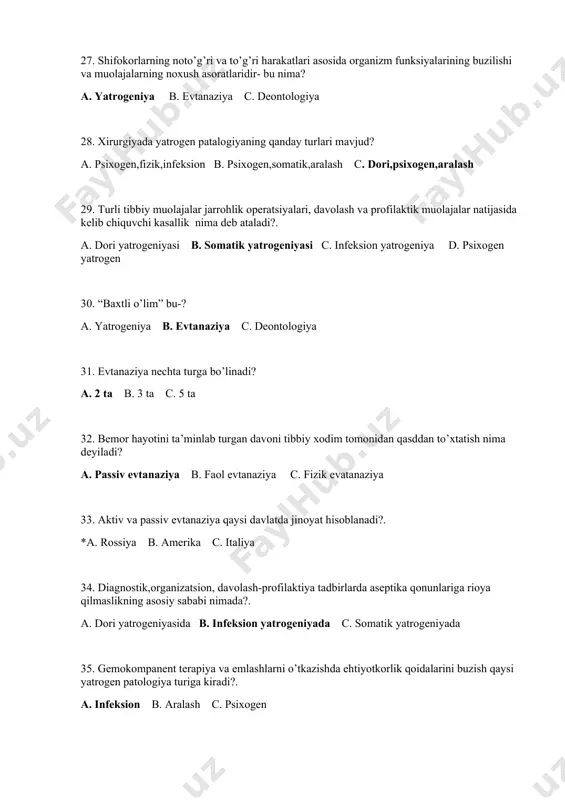 fas yo’llari orqali kiritilishi nima deyiladi?. a. kombinativ anestetika b. ingalatsion anestetika c. premidikatsiya 43. anestik moddalarni tanaga kiritish yo’li bo’yicha umumiy og’riqsizlantirishning qanaqa turlari mavjud?. a. klinik va jarrohlik b. ingalyotsion va kombinativ c. anestiziya va klinik 44.nafas yo’llari absraksiyasi nima?. a. tilni burish,tish yoki protezlarning nafas yo’llariga kirishi b. anestik moddalar bug’ shaklida uchrashi c. operatsiya vaqtida dori kiritish 45.terapevtik vannalar qanday ko’rinishda bo’ladi?. a. mahalliy,umumiy b. fizik,biologik c. fizik, mahalliy 46. mahalliy vannalarni qayerda qo’llash mumkin?. a. davolsh xonasida b. teridagi dermatidlarda c. xontal operatsiyada 47. isitish uchun foydalanishda rivanolning nechi % li eritmasidan foydalaniladi?. a. 5% b. 3% c. 10% d. 1% 48. isitgich teri qon tomirlariga qanday tasir etadi?. a. kengaytiradi b. toraytiradi c. o’zgartirmaydi d. tasir qilmaydi 49. tozalovchi hulena qabziyatda,jarrohlikda yana qaysi jarayondan oldin qo’llaniladi?. a. rektoromanoskopiya b. terapevtik vannada c. narkozda 50. qattiq bog’lamlar sifatida nimalar ishlatiladi?. a. gips, shina b. natriy …