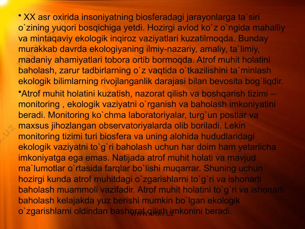 at arboblari, yuqori malakali mutaxasislar, ayniqsa, rivojlanayotgan mamlakatlardan ko`proq ishtirok etishlari kerak. afrikadagi ocharchilik, chernobil va bxopaldagi (xindiston) ekologik fojialar, soha mutaxasislarini kelgusida sodir bo`lishi mumkin, degan bashoratlarini tasdiqladi. sayyoramizdagi aholi sonining o`sishi va uning tabiatga salbiy ta`miri, uning iqtisodiy muammolarni keltirib chiqarishi eng murakkab, yechimi qiyin bo`lgan masalardandir. yuqorida keltirilgan komissiya barcha mamlakatlarning davlat arboblariga, ministrlarga, yirik korporatsiya raxbarlariga, yoshlarga, o`qituvchilarga murojaat qilib, barchani jamoatchilikni hayot-momot masalasi bo`lgan tabiatni muhofaza qilishga chaqiradi. agar tabiatni muhofaza qilish masalasi har bir yosh va keksaning ongiga qalar yetib bormasa, bu muammoni hal qilish qiyin. chunki maktab va o`quv yurtlari jamoatchilikni fikrini o`zgarishiga katta rol o`ynaydi. www.arxv.uz www.arxv.uz xx asrning o`rtalarida inson birinchi marotaba kosmosdan yerni ko`rishga muvaffaq bo`ldi. yerimiz unchalik katta bo`lmagan (nozik, zaif), sharsimon tuzilishiga ega, odamlar o`ylagancha yirik emas. yer bulutlar, okeanlar, o`simlik va tuprqlardan tuzilgan sistemadan iborat. inson o`z faoliyati bilan bu tizimga salbiy ta`sir etsa, yerda hayotning davom …