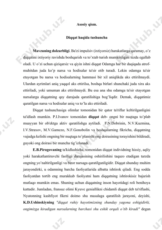 haxs uchun ma'lum ahamiyatga ega bo’lgan ob'ekt ustida to’planishidan iborat bilish jarayonidir. yo’naltirish deganda psixik faoliyatning tanlovchanlik tabiati, ob'ektni ixtiyoriy va beixtiyoriy tanlash tushuniladi. o’quvchi maktabda o’qituvchi gapirayotgan gaplarni eshitib o’tirganda mana shu eshitib o’tirish faoliyatini ongli ravishda tanlab olgan, uning diqqati ongli ravishda qo’zg’algan shu maqsadga bo’ysundirilgan bo’ladi. o’quvchining biror boshqa narsaga chalg’imasdan o’quv materialining mazmuniga zehn qo’yib o’tirishida uning psixik faoliyatining yo’nalishi ifodalanadi. psixik faoliyatning yo’naltirilishi deganda ana shu tanlashgina tushunilib qolmay, balki ana shu tanlanganni saqlash va qo’llab-quvvatlash tushuniladi. diqqatning bilish jarayoni uchun ahamiyatini alohida ta'kidlab o’tish lozimdir. diqqat sezish jarayonida, idrok qilishda, xotira, xayol va tafakkur jarayonlarida har doim ishtirok etadi. diqqat barcha aks ettirish jarayonlarimizning doimiy yo’ldoshidir. diqqat barcha psixik jarayonlarimizda qatnashsa ham, lekin diqqatning o’zi hech narsani aks ettirmaydi. odam biror narsaga zo’r diqqat bilan kirishgan paytida uning tashqi qiyofasida ayrim o’zgarishlar ko’zga tashlanadi. demak, diqqat odatda o’zining sirtqi ya'ni tashqi alomatlariga egadir. birinchidan, …