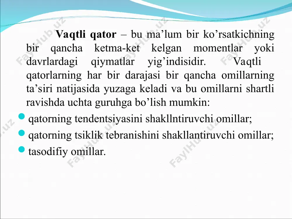 i qatorning har bir darajasi uchun t, s va e kompnentalarning qiymatlarini hisoblashga olib keladi. modelni tuzish jarayoni bir necha bosqichdan iborat: 1. berilgan qatorni sirg’anchiq o’rtacha usul bilan tekslash; 2. s – mavsumiy komponentaning qiymatini hisoblash; 3. qator tenglamasidan mavsumiy komponentalarni chiqarib tashlash va additiv modelda (t+e) yoki multiplikativ modelda (t·e) tekslangan qiymatlarni topish; 4. (t+e) yoki (t·e) darajalarni analitik tekslash va hosil bo’lgan trend tenglamasini qo’llab t ning qiymatlarini hisoblash; 5. hosil bo’lgan modelda (t+e) yoki (t·e)ning qiymatlarini hisoblash; 6. mutloq va/yoki nisbiy hatoliklarni hisoblash. vaqtli qatorning additiv modelini tuzish: 1-qadam. sirg’anchiq o’rtacha usuli bilan qatorni tekslaymiz. buning uchun: a) qatorning har to’rt chorakdagi darajalari yig’indisini bir davrga surgan holda hisoblaymiz va shartli yillik elektrenergiya iste’moli hajmini topamiz(jadvalning uchunchi ustuniga bir chorak pastga yozamiz); v) yig’indini 4ga bo’lib sirg’anchiq o’rtachani topamiz(jadvalda to’rtinchi ustun). shuni ta’kidlash kerakki, hosil bo’lgan tekslangan qiymatlar mavsumiy komponentaga ega bo’lmaydi; s) ketma-ket kelgan ikkita …