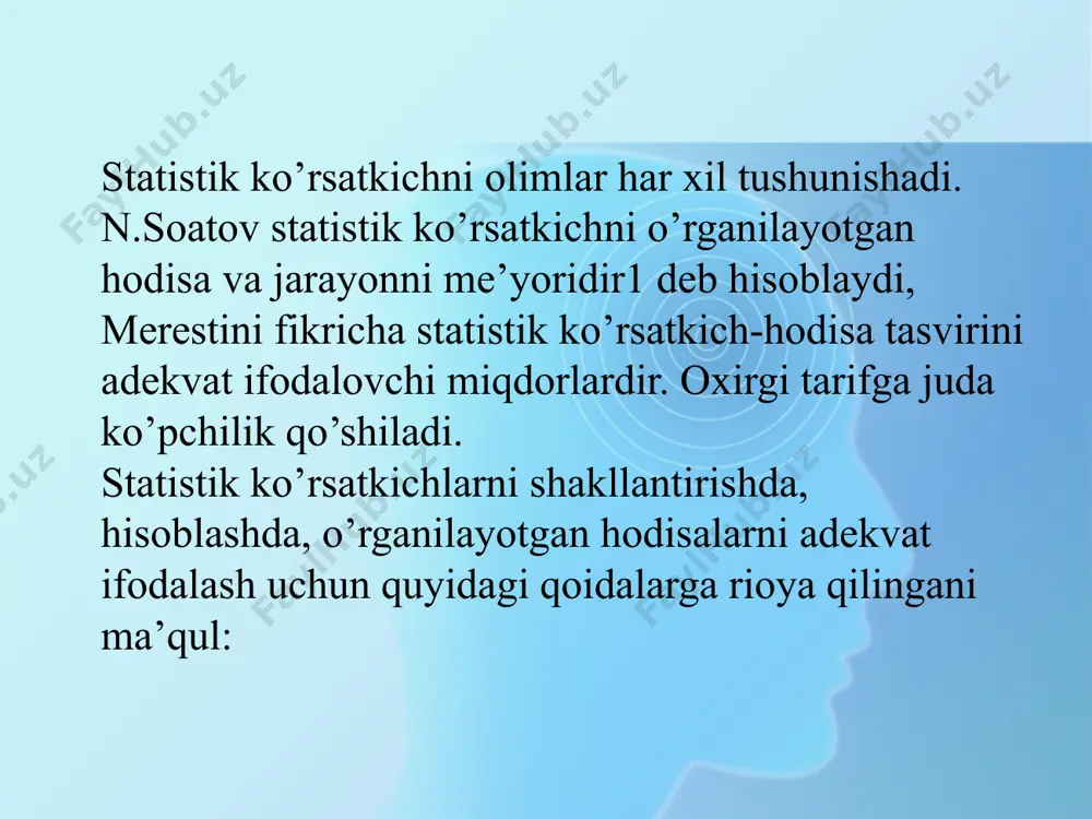 ari (masalan, yalpi ichki mahsulot) uni makroiqtisodiy ko’rsatkich deymiz. “marjon” fermer xo’jaliga etishtirilgan mahsulot hajmi bu mikroiqtisodiy ko’rsatkich hisoblanadi. fermer xo’jaligida ishlayotganlarni ish staji o’rgansak. bir kishini ish staji individual , ayollar va erkaklar bo’yicha ish staji guruhli, barcha xodimlarning o’rtacha ish staji umumiy ko’rsatkich hisoblanadi. aniqlash usuliga qarab statistik ko’rsatkichlar yig’indi va hosilaviy ko’rsatkichlarga bo’linadi. yig’indi ko’rsatkichlar hodisa birliklarini jamlash orqali hisoblanadi, hosilaviy ko’rsatkichlar esa mutloq, nisbiy va o’rtacha ko’rsatkichlarga bo’linadi. 2. mutloq miqdorlar mutlaq miqdorlar umumlashtiruvchi ko’rsatkichlarning bir turidir. statistik kuzatish ma’lumotlarini jamlash natijasida o’rganilayotgan hodisa va jarayonlarning hajmini, sonini, darajasini va uchrashish tezligini xarakterlovchi miqdorlarga ega bo’lamiz. bunday miqdorlar mutlaq miqdorlar deyiladi. masalan, o’zbekistonning territoriyasi 447,2 ming kvadrat km., aholisi 30 mln. kishi, respublikamizda 210 mingdan ortiq korxona mustaqil ravishda tadbirkorlik faoliyati bilan shug’ullanib kelmoqda, har yili mamlakatimizning yoshlaridan 50000 tasi student bo’ladi. bularning hammasi mutlaq miqdorlardir. mutlaq miqdorlar ikki usulda aniqlanadi yoki hosil qilinadi: kuzatish ma’lumotlarini …