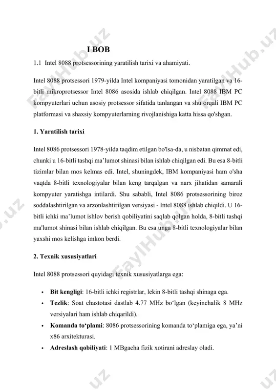 ishlab chiqarildi). · komanda to‘plami: 8086 protsessorining komanda to‘plamiga ega, ya’ni x86 arxitekturasi. · adreslash qobiliyati: 1 mbgacha fizik xotirani adreslay oladi. 1-rasm. intel 8088 protsessorining tuzilishi. 3. ahamiyati intel 8088 protsessori ibm pc kompyuterlari uchun tanlangan va ushbu tanlov shaxsiy kompyuterlar tarixida hal qiluvchi ahamiyat kasb etgan. sabablari quyidagilardan iborat: · shaxsiy kompyuterlarning ommalashishi: ibm pc kompyuterlari intel 8088 protsessori asosida ommalashib, butun dunyo bo‘ylab katta talabga ega bo‘ldi. shu bilan birga, x86 arxitekturasi asosidagi dasturlarni rivojlantirish va ularning mosligi shaxsiy kompyuterlarning keng tarqalishiga olib keldi. · dasturiy ta’minotning kengayishi: ibm pc platformasiga mos dasturlar yaratish uchun dasturchilar x86 arxitekturasida ishlov berishni o‘rgandilar, bu esa x86 arxitekturasi asosida keng dasturiy ta’minot ekotizimini yaratdi. · raqobat va rivojlanish: intel 8088 protsessori shaxsiy kompyuterlar bozoridagi boshqa protsessorlardan ajralib turar edi, va x86 arxitekturasi zamonaviy kompyuterlar rivojlanishining asosiy yo‘nalishiga aylandi. shu bilan birga, ibm pc arxitekturasi "ibm klonlari"ning paydo bo‘lishiga ham sabab …