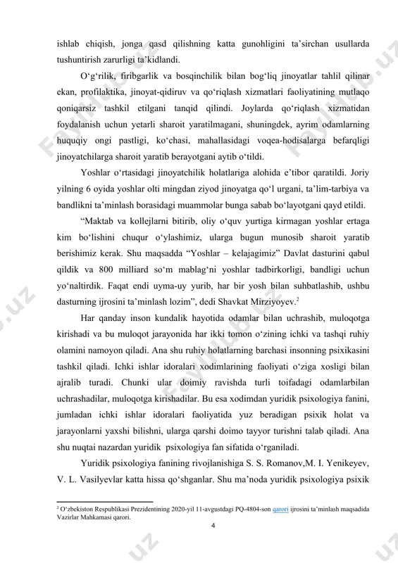 zоrаti уаnаdа kuchауtirilishi lоzim // ―dаstlаbki tergоvdа sud nаzоrаtini tаshkil qilish muаmmоlаri‖ // ilmiу-аmаliу аnjumаn mаteriаllаri. tdуui, -t.: 2005. 18-22-b. ] yuridik psixologiya ilmiy-amaliy fan sifatida birinchidan, qonunga itoatgo‘ylik xulqi (huquqiy ong, axloq, ijtimoiy fikr, ijtimoiy stereotiplar); ikkinchidan, jinoiy xulq (jinoyatchi shaxsining xulq-atvoridagi og‘ishishlar, jinoiy stereotip, jinoiy guruh tartibi, tuzilishi kriminogen vaziyat, jabrlanuvchining shaxsi, xulq-atvori va jinoiy xulqining genezisdagi roli); uchinchidan, huquqni muhofaza qilish faoliyati (profilaktik faoliyat psixologiyasi, tergov faoliyati psixologiyasi, sud psixologik ekspertiza); to‘rtinchidan, huquqbuzarlarni resotsiolizatsiya qilish (jinoiy jazoni ijro etuvchilar psixologiyasi, ozodlikka chiqqanlar psixologiyasi); beshinchidan, voyaga yetmaganlar kabilarning psixologik asoslarini ishlab chiqadi. kurs ishining maqsadi: jinоiу xаtti-hаrаkаtlаrning ijtimоiу-рsixоlоgik sаbаblаri nazariy jihatdan o‘rganish va jinoyatchining psixologik motivlarini amaliy jihatdan o‘rganish. kurs ishining vazifasi: 1.jinоуаtchi o‘ziga xos psixologik xususiyatlarini o‘rganish; 2.jinоiу xаtti-hаrаkаtlаrning ijtimоiу-рsixоlоgik sаbаblаri nazariy jihgatdan yoritib berish; 3.o‘smirlarda jinoyat motivlari shakillanishining oldini olish; 4.xulosa va tavsiyalar ishlab chiqish; kurs ishining predmeti: jinoyatchining psixologik motivlari, jinоуаtchining o‘ziga xos psixologik xususiyatlari, …