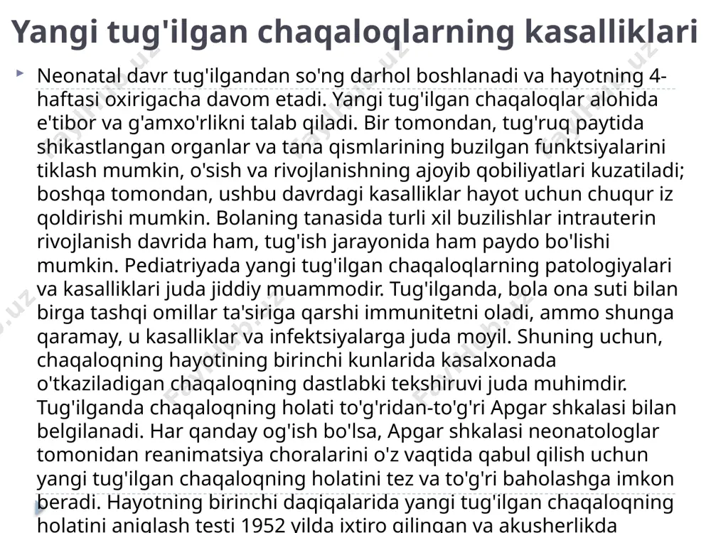 g birinchi daqiqasida va besh daqiqadan so'ng amalga oshiriladi. yangi tug'ilgan chaqaloqning holatining o'zgarishi, uning tashqi muhitga moslashishi juda tez sodir bo'ladi va apgar shkalasi bo'yicha 5-6 ball 5 daqiqadan so'ng 9-10 ballgacha ko'tarilishi mumkin. agar kerak bo'lsa, bolaning holatini sekin normallashtirish, baholash reanimatsiya tadbirlaridan keyin 10 daqiqadan so'ng takrorlanishi mumkin. bolaning holatini baholash quyidagicha yoziladi: apgar shkalasi 7/8 ball, kasr orqali ikkita ball, birinchisi – birinchi daqiqada, ikkinchisi – beshinchi daqiqada. baholarni quyidagicha talqin qiling: 7-10 ball-bola sog'lom tug'ilgan va mukammal moslashgan; 5-6 ball-sog'lig'ida kichik og'ishlar mavjud, bola shifokorning e'tiborini talab qiladi; 3-4 ball – shoshilinch tibbiy yordamni talab qiladigan og'ir holat; 0-2 ball - o'ta og'ir holat, reanimatsiya choralarisiz bola o'ladi. apgar shkalasi-bu yangi tug'ilgan chaqaloqning sog'lig'i bo'yicha testlardan biri bo'lib, undan keyin bola tug'ilgandan keyin bir necha kun va haftalar davomida o'tkazilgan bir qator boshqa testlar va tekshiruvlar o'tkaziladi. yangi tug'ilgan chaqaloqlarni parvarish qilish bir qator savollarni …