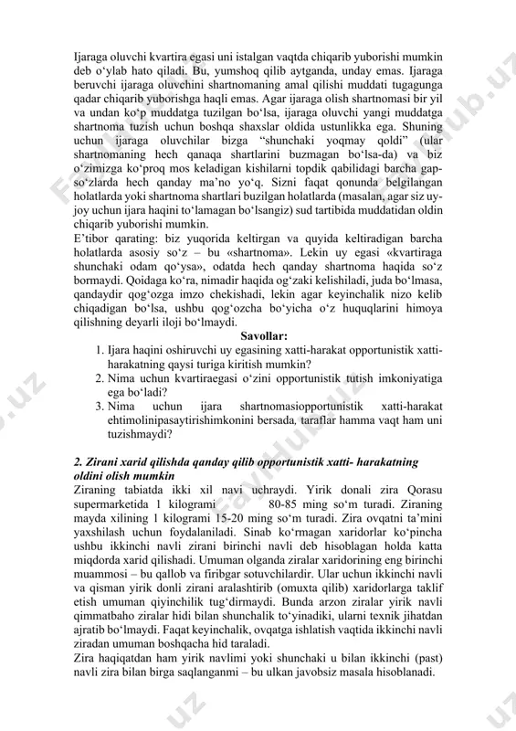 ldingiz. kvartiraga alohida ajratilgan internet liniyasini o‘tkazdingiz, internet xizmati haqini 2 oy oldinga to‘lab qo‘ydingiz, bolani yangi yashash joyidagi bog‘chaga joylashtirdingiz va h.k.). lekin ikki hafta o‘tgach kvartira egasi kelib sizga kechagina qo‘shnisi erkin tog‘adan bilib olgan yangilikni, ya’ni sizni kvartiraga shuncha arzon qo‘yib hato qilganligini, aslida uning kvartirasi ikki marta qimmat turishini aytadi. bu siz kvartirani ijaraga olganda yuz berishi mumkin bo‘lgan vaziyatlardan biri, xolos. lekin vaziyatning bunday yakun topishi holatlarini keskin kamaytirish mumkin. buning uchun bir necha qoidalarga amal qilish kerak. quyida biz sizga kvartirani qanday qilib ijaraga olish kerakligi, kvartira egasida qanaqa hujjatlar bo‘lishi lozimligi va uy- joyni ijaraga olish shartnomasining shartlariga ko‘ra kim nimaga javob berishi haqida hikoya qilamiz. ijaraga oluvchi kvartira egasi uni istalgan vaqtda chiqarib yuborishi mumkin deb o‘ylab hato qiladi. bu, yumshoq qilib aytganda, unday emas. ijaraga beruvchi ijaraga oluvchini shartnomaning amal qilishi muddati tugagunga qadar chiqarib yuborishga haqli emas. agar ijaraga olish …