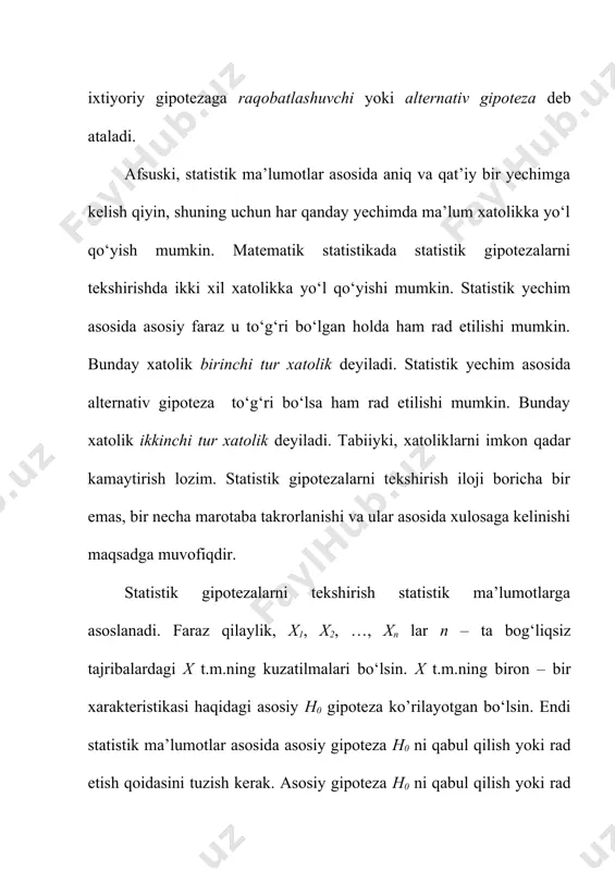 istikaning shu xossasiga asoslangandir. teorema(kolmogorov). ixtiyoriy uzluksiz f(x) taqsimot funksiyasi va λ uchun bo‘ladi. dn – statistikaga asoslangan statistik alomat kritik to‘plami quyidagicha aniqlanadi . bu yerdan 0 = = ) ,..., , ( : 2 1 1 { } l = : 1 a t 0 i p ( ) { } 22 01 lim nk n pthpt c - ®¥ u - t p k 2 1 a 1 ) ( s x t î 1 0 + × ÷ ø ö ç è æ g ÷ ø ö ç è æ g ÷ ø ö ç è æ + g × ÷ ø ö ç è æ = + - x m nx x m n m n m n x f m n n n m n µ µ 2 1 2 x y c s s 29 . 0 1 2 1 = = c …