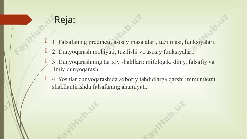 batlarning umumiyligi ularning zarur tarzdaligini bildiradi. insonlar qayerda va qanday davrda yashamasinlar, albatta, mana shu munosabatlar orqali atrof- muhit bilan bog‘liqdirlar: ular - shu dunyoning mahsuli, ular shu dunyoni o‘rganadilar, uni baholaydilar va o‘zgartiradilar. falsafa bir necha funksiyalar (vazifalar) ni bajaradi. ular orasida eng asosiylari: 1. dunyoqarashlik funksiyasi. falsafiy bilimlarning asosiy xususiyati bo‘lib, insonni borliq, materiya, tabiat, jamiyat, inson, inson ongi va tafakkuri, insonni dunyoning bilish haqidagi eng umumiy qarashlari bilimi bilan qurollantiradi. 2. metodologik funksiyasi. falsafa boshqa fanlardan farqli o‘laroq tabiat, jamiyat va inson tafakkurining eng umumiy qonunlari haqidagi fandir. falsafa metodologiya sifatida tibbiyot ilmi taraqqiyotining konkret tarixiy sharoitlari bilan qonuniyatli aloqasini tushunishga, ilmiy kashfiyotlar va ularning tadbiq etilishini ijtimoiy qiymatini va umumiy istiqbolini chuqurroq anglashga yordam beradi 3. gnoseologik funksiyasi. falsafa dunyoni bilish asosida uni o‘zgarishida insonni faol faoliyat ko‘rsatishga undaydi. falsafa amaliy va nazariy masalalarni hal qilishda katta rol o‘ynaydi. bularning barchasida falsafaning gnoseologik funksiyasida namoyon bo‘ladi. …