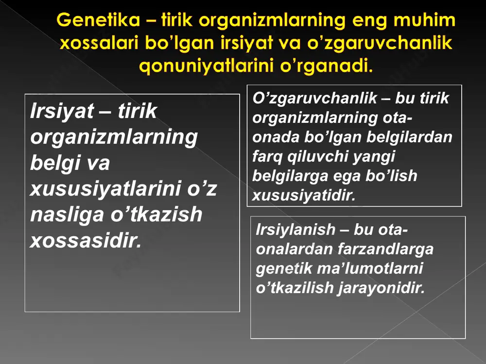 a qizlari ushbu gen bo’yicha tashuvchi bo’ladilar. tashuvchi bo’lgan ayol ushbu genning o’g’illarini yarmisiga o’tkazadi, qizlarini hammasi sog’lom bo’lgani bilan yarmisi tashuvchi bo’ladi. 1 2 3 4 5 6 7 8 gemofiliya. tizza (a) va to’piq (b) gemartrozlari. * y-xromosoma bilan birikkan holda irsiylanish 1 2 1 2 3 4 i. ii. iii. kasallik hamma avlodda kuzatiladi; faqat erkaklar kasal bo’ladi; kasal otaning hamma o’g’illari kasal bo’ladi; 1 2 3 4 y-jinsiy xromosomaga birikkan gen – quloq suprasining gipertrixozi * tibbiyot amaliyotiga f. galton tomonidan kiritilgan. - me-monozigotali egizaklar urug’langan bitta tuxum hujayradan rivojlanadilar. ular bir xil genotipga ega bo’lib, ayrim hollarda fenotip bo’yicha ozgina farq qilishlari mumkin. de-dizigotali egizaklar bir vaqtda yetilgan bir nechta tuxum hujayralarning urug’lanishlaridan rivojlanib, ular har xil genotipga ega bo’ladilar. . egizаklаr tug’ilishi ehtimoli: baland bo’yli, savlatli ayollarda egizak tug’ish ehtimoli past bo’ylilarga nisbatan ko’proq bo’ladi. аfrikalik ayollarda nisbatan ko’proq, yaponiyalik ayollarda nisbatan kamroq bo’ladi. …