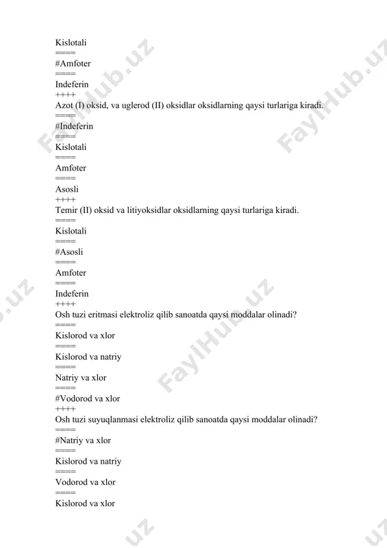 3, 4, 6 ==== 2, 3, 4, 6, 5 ==== 1, 2, 4, 5, 7 ++++ eritma deb nimaga aytiladi? ==== #ikki yoki bir necha komponentlardan tashkil topgan bir jinsli gomogen sistemaga aytiladi ==== erituvchi bilan erigan modda natijasida hosil bo’ladigan geterogen sistema ==== dispers sistema va kolloid holat ==== tuzlarni suvda erishi ++++ genri qonuni qanday ta`riflanadi? ==== «o’zgarmas haroratda 100g suyuqlikda erigan gazning massasi shu gazning bosimiga to’g’ri proporsional bo’ladi». ==== «o’zgarmas haroratda ma`lum hajm suyuqlikda erigan gazning massasi shu gazning bosimiga to’g’ri proporsional bo’ladi». ==== «o’zgarmas haroratda ma`lum hajm suyuqlikda 1 mol gazning erishi shu gaz bosimiga to’g’ri proporsional bo’ladi». ==== #barcha javoblar to’g’ri ++++ gazlar aralashmasi eritilganda har qaysi gaz mustaqil ravishda eriydi, ya`ni bu gazning erishiga aralashmadagi boshqa gazlar hech qachon halal bermaydi. erish gazning parsial bosimigagina bog’liq bo’ladi ==== genri - dalton qonuni ==== genri qonuni ==== raul qonuni ==== #genri-raul qonuni ++++ agar …