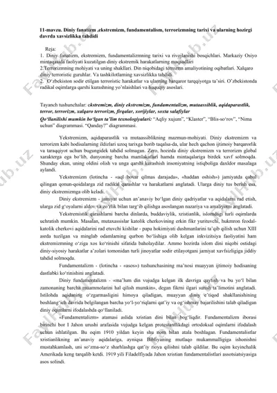 diniy fanatizm, ekstremizm, fundamentalizmning tarixi va ularning hozirgi davrda xavsizlikka tahdidi — DOCX