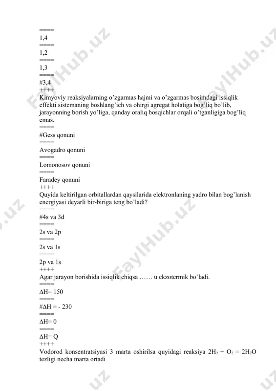 i? ==== ishqor ==== kislota ==== vodorod ==== #silikat tuzi ++++ uglerod (iv) oksid, xlor (vii) oksidlarning qaysi turlariga kiradi. ==== qo’sh ==== asosli ==== #kislotali ==== peroksid ++++ rux oksid va alyuminiy oksidlar oksidlarning qaysi turlariga kiradi. ==== asosli ==== qo’sh ==== #amfoter ==== peroksid ++++ azot (i) oksid, va uglerod (ii) oksidlar oksidlarning qaysi turlariga kiradi. ==== #indeferin ==== peroksid ==== qo’sh ==== asosli ++++ osh tuzi suyuqlanmasi elektroliz qilib sanoatda qaysi moddalar olinadi? ==== #natriy va xlor ==== kislorod va natriy ==== vodorod va xlor ==== kislorod va xlor ++++ xlor qaysi element atomi bilan eng oson reaksiyaga kirishadi ? ==== #na ==== s ==== p ==== c ++++ qaysi moddani eng kuchsiz elektrolit deb hisoblash mumkin ? ==== kaliy xlorid ==== natriy nitrat ==== #karbonat kislota ==== nitrat kislota ++++ suv tarkibidagi vodorodning massa ulushi nechaga teng? ==== #11,1 ==== 88,9 ==== 43,5 ==== 18 ++++ …