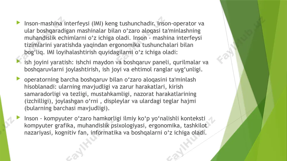 ar, sichqoncha kabi va boshqalar; - kompyuter tomonidan matnlar, audio signallar va/yoki tasvirlar ko‘rinishida hosil qilinadigan va foydalanuvchiga monitor ekranida yoki boshqa chiqish qurilmalarida ko‘rsatiladigan chiqish xabarlari. asosan foydalanuvchi quyidagi turdagi xabarlarni hosil qiladi: axborot so‘rovi, yordamchi so‘rovi, operatsiya yoki funksiya so‘rovi, maʻlumot kiritish yoki o‘zgartirish, shablon maydonini tanlash va boshqalar. bunga javoban, u qabul qiladi: maslahatlar yoki yordam, javob talab qilmaydigan axborot xabarlari, harakatni talab qiladigan so‘rovlar, javob kerak bo‘lgan xato xabarlari va shablon formatidagi o‘zgarishlar. dasturlashga protsessual va obʻyektga yo‘naltirilgan yondashuvlar bilan taqqoslaganda, interfeysni ishlab chiqishga protsessual yo‘naltirilgan va obʻyektga yo‘naltirilgan yondashuvlar mavjud. protseduraga yo‘naltirilgan interfeyslar "protsedura" va "operatsiya" tushunchalariga asoslangan foydalanuvchi o‘zaro aloqasining anʻanaviy modelidan foydalanadi. bu model doirasida dasturiy taʻminot foydalanuvchiga tegishli maʻlumotlarni va uning natijasini foydalanuvchi aniqlaydigan maʻlum amallarni bajarish imkoniyatini beradi. obʻyekt yo‘naltirilgan interfeyslarni foydalanuvchi o‘zaro bir oz boshqacha modelini foydalanib, manipulyatsiya domen obʻyektlarini qaratishi mumkin. zamonaviy realliklardan farqli o‘laroq, birinchi kompyuterlar grafik foydalanuvchi …