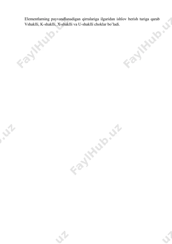 ning bu usuli suyuqlanuvchi elektrod yordamida yarim avtomatik tarzda bajariladi, payvandlovchi kallakka qayishqoq shlang orqali elektrod va karbonat angidridi gazi uzatiladi. karbonat angidridi gazi yoyning yonish doirasidan havoni siqib chiqarib, suyuqlangan metalni kislorod va azot ta’siridan himoya qiladi. choklar sifatli chiqadi faqat tashqi ko’rinishi notekis bo’ladi. avtomatik usul bilan bajarishga qaraganda, unumdorligi 15-20% gacha yuqoriroq. bu usul bilan payvandlashning kamchiliklari: po’latdagi uglerod ko’payishining havfi bor, kallakni sovitish uchun suv bo’lishi sharti, ishchilarni ham yoyni ham gazni ta’siridan asrash kerakligi. gaz alangasida payvandlash payvandlashning ushbu usulida biriktiriladigan elementlar yonuvchi gazlar (asetilen, tabiiy gaz, kerosin va benzin bug'lari) yordamida qizdirilib ularning payvandlanadigan joyi suyuqlangandan keyin, yonayotgan alangaga metall sim kiritiladi. bu sim asosiy elementlarni qirralaridagi metali bilan birga suyuqlanib, bir butun yaxlit birikma hosil qiladi. payvand birikmalarning turlari payvand birikmalarda elementlar tutash va ustma-ust ulangan bo’ladi. ba’zan bu ikki xil usuldan aralash foydalanish ham mumkin. chokning tuzilishiga ko’ra tutash va burchakli bo’ladi. …