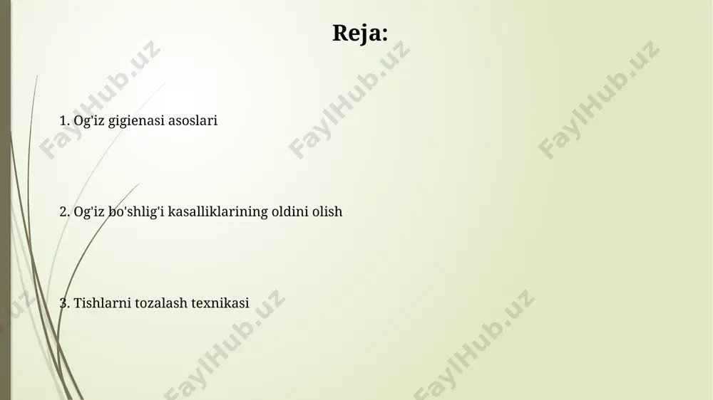 ga yordam beradi. homiladorlik davrida og'iz gigienasi kundalik og'iz gigienasi uchun yumshoq tukli tish cho'tkasi va ftorli tish pastasi tanlash, shuningdek, kuniga kamida 2 marta 2 daqiqa davomida tish tozalash tavsiya etiladi. homilador ayollarda kuzatiladigan gormonal o'zgarishlar tufayli, og'iz bo'shlig'ida bakteriyalar soni 2-3 baravar ko'payishi mumkin, bu esa kariyes va periodontit rivojlanishi xavfini oshiradi. proteplarni tozalash protezlarni kechki payt olib tashlab, sovuq suvda yuvib, maxsus tabletkalar yoki suyuqliklar yordamida dezinfektsiya qilish kerak, bu bakteriyalarning ko'payishini oldini oladi. protezlarni tozalashda kuniga kamida 2 marta, yumshoq shetka va protezlar uchun mo'ljallangan maxsus tozalash vositalaridan foydalanish tavsiya etiladi, bu kariesning oldini olishga yordam beradi. og'iz gigienasi asosiy tamoyillari og'iz bo'shlig'ini kuniga kamida ikki marta, har bir tozalashda 2 daqiqa davomida yumshoq cho'tka va ftorli tish pastasi bilan tozalash muhimdir. tish iplarini muntazam, kuniga bir marta ishlatish, cho'tka yeta olmaydigan joylardagi oziq-ovqat qoldiqlarini va bakteriyalarni olib tashlashga yordam beradi, gingivit xavfini kamaytiradi. og'iz bo'shlig'ining …