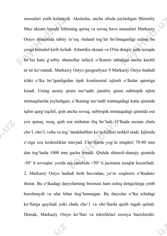 dan nam, iliq shamollar, shimoldan sovuq quruq shamollar bemalol kirib kela oladi. ibtidoiy jamiyat davrida ham markaziy osiyoda yashagan odamlar bu hudud tabiati haqida birmuncha tasavvurlara ega bo‘lganlar. ilk geografik tasavvurlar tabiatning yangi resurslarini izlab topish va o‘zlashtirish, tabiiy sharoiti qulay yerlarga joylashish, obikor dehqonchilik, ov kasbkorligi va chorvachilik vositasida tabiatning ko‘zga yaqqol tashlanib turgan oddiy xususiyatlarini bilishga intilishlar bilan takomillasha borgan. dastlabki geografik tasavvurlarning rivojlanishida obikor dehqonchilikning vujudga kelishi muhim rol o‘ynagan. obikor dehqonchlik ayrim joylarning relyefi va yer-suv sharoiti, ob-havosi, iqlimi, o‘simlik va hayvonot dunyosi haqidagi boshlang‘ich bilimlarning vujudga kelishi hamda shakllanishiga olib bolgan. antik davrda (miloddan avvalgi iv va milodiy iv asrlar davomida) markaziy osiyo haqidagi geografik tasavvurlar yanada kengaygan va chuqurlashgan. afsuski, tarixiy sabablarga ko‘ra ilk mahalliy qo‘lyozmalar deyarli saqlanib qolmaganligi o‘lkamiz xalqlarining qadimiy geografik tasavvurlarini mukammal aniqlash va uni ilmiy tahlil qilishga imkon beradi. ular yunon va arab istilolari davrida yo‘q qilib yuborilgan. markaziy osiyoning …