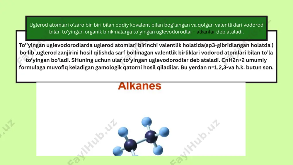 glerod atomalri o’zaro birikib, to’g’ri zanjirni hosil qilgan. bunday tuzailishga ega bo’lgan birikmalar normal birikmalar deyiladi va n harfi bilan belgilanadi. izobutan ,izopentan va neopentandagi uglerod zanjiri esa tarmoqlangan. bunday birikmalar izo-birikmalar deyiladi. yuqorida keltirilgan butan amda pentanning izomerlari bir-biridan uglerod zanjrining turlicha tuzilganligi bilan farq qiladi. etan metan propan organik birikmalarning tuzilish formulalariga qarab nomlash va aksincha,nomiga qarab tuzilish formulalarini tuzish imkoniyatini bera oladigan nomenklaturagina to’g’ri va ilmiy nomenklatura bo’la oladi. organik kimyo rivojlanishining dastlabki bosqichida yangi kashf qilingan moddalarga tasodifiy nomlar berilgan. bu tarixiy nomlar shu moddalar birinci marta ajratib olingan tabiiy mahsulotlar nomiga (masalan, sut kislota, vino spirti), sintez qilgan va uning xossalarini o’rgangan olimlar sharafiga yoki moddalrning xarakterli xossalariga qarab berilgan . bu nomenklatura foydalanishga qulay bo’lsada, u moddaning kimyoviy tabiati va tuzilishi haqida hech qanday ma’lumot yoki tushuncha bermaydi, balki faktik materialni o’zlashtirishni qiyinlashtiradi. nomenklaturasi: xix asrning 1-yarmidan boshlab ratsional(lot-”ratio”aql, idrok,fikr so’zidan olingan) nomenklatura qo’llanila …
