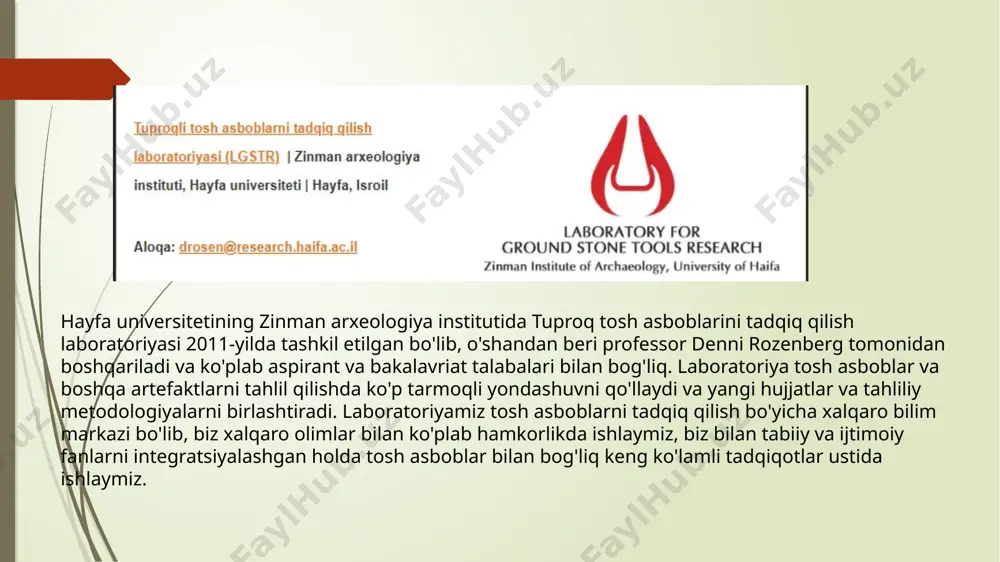 ini aniqlash usullarini ishlab chiqish va qo'llash va 3) material xususiyatlarini baholash va ularning natijalarga ta'siri. laboratoriya binosi uchta asosiy xonani o'z ichiga oladi: 1) namunalar tayyorlash va ma'lumotnomalarni yig'ish, 2) tasvirlash xonasi (jumladan, 3d optik skaner aicon smartscan-he r8, stereomikroskop zeiss stereo discovery.v8, 3d raqamli mikroskop zeiss smartzoom 5, metallografik mikroskop zeiss axio imagercal zeiss sm8fo0 axio imager vario, sem zeiss evo 25 skanerlash elektron mikroskopi) va 3) eksperimental ustaxona (jumladan, materialni tekshirgich inotec va universal robots robot qo'li ur10) o'rnatilgan. uning o'ziga xos xususiyati evropada neolit ​​davridan temir davrining oxirigacha bo'lgan uzoq davrdir. jamiyatlarning oʻtroqlashuvining boshidan to ilk davlatlar paydo boʻlgunga qadar (miloddan avvalgi 7—1-ming yilliklar) tarixiy yoʻnalishlari laboratoriyaning imtiyozli tadqiqot mavzusini tashkil etadi. trajectoires laboratoriyasining ko'p materiallarli traceologiya bo'limi o'zlari o'rganayotgan mebel turiga (lit, makrolit, qattiq hayvon materiallari, keramika va boshqalar) xos texnologik ko'nikmalarni birlashtirgan turli mutaxassislarni birlashtiradi. wolfson arxeologiya laboratoriyasi qadimgi mis qotishma artefaktlarini (metalwork wear …