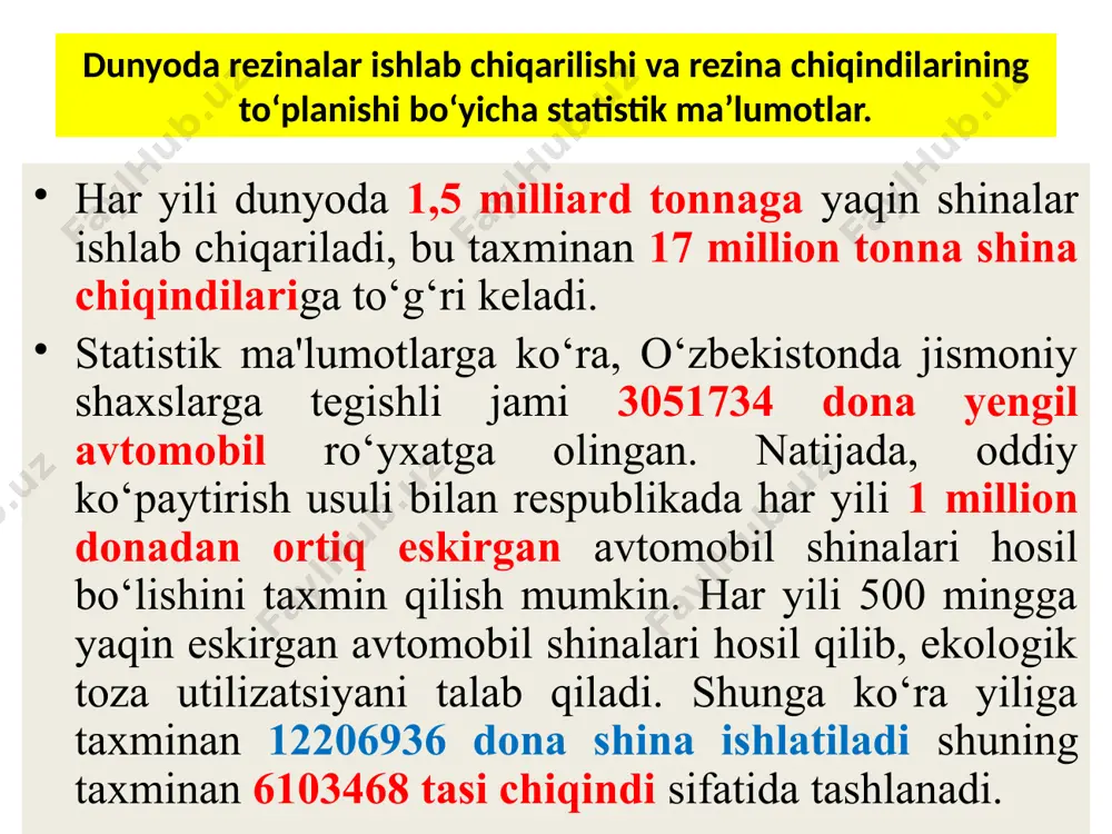 i material elementlar, % tarkib, % kaloriya qiymati mj/kg c h kul tarkibi uchuvchan moddalar bog‘langan uglerod namlik yengil avtomobil shinalari 83,92 6,83 4,16 64,97 30,08 0,75 38,60 yuk mashina shinalari 83,20 7,70 5,00 66,10 27,50 1,40 33,40 motosikl shinalari 75,50 6,75 20,10 57,50 20,85 1,53 29,18 qmch 15-30 2-5 10-30 30-60 3-15 10-40 8,90-13,40 yog‘och biomassa 49,50 6,00 0,60 68,00 11,30 20,00 16,70-19,00 bitumli ko‘mir 73,10 5,50 9,00 35,00 45,00 11,00 34,00 qo‘ng‘ir ko‘mir 56,40 4,20 6,00 29,00 31,00 34,00 26,80 avtomobil shinalar odatda og‘irligi 80% dan ortiq yuqori uglevodorodli tarkibga ega. shinalarning taxminan uchuvchi moddalari 65%, qattiq uglerod 30% va kul miqdori 5% ni tashkil qiladi. bundan tashqari, shinalar boshqa qattiq yoqilg‘ilar bilan solishtirganda yuqori kaloriya qiymatiga ega, taxminan 30-40 mj/kg. shinalarni mexanik va termomexanik qayta ishlash - bunday uskunalarda shinalarni qayta ishlash odatda shina halqalarini kesish, shinalarni katta bo‘laklarga maydalash, simlarni ajratish va kauchukni mayda bo‘laklashdan iborat. …