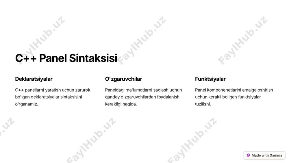 lashtirish 1 gridlar komponentlarni to'g'ri to'r shaklida joylashtirib, panelni yaratish. 2 oqimlar vertikalda yoki gorizontalda komponentlarni joylashtirib, panelni yaratish. 3 moslashuvchan qaysi joylashuv turini tanlamasdan, panelni oyna o'lchamiga moslash. https://gamma.app/?utm_source=made-with-gamma animatsiyalar va dinamika 1 komponentlar komponentlar orasidagi harakatlar, o'zgarishlar va o'tishlar. 2 oyna holatlari oynalarning yoqilishi, yopilishi, kattalashtirishi kabi holatlari. 3 interaktiv xatti-harakatlar foydalanuvchi bilan o'zaro ta'sir qiladigan animatsiyalar. https://gamma.app/?utm_source=made-with-gamma foydalanuvchi bilan o'zaro aloqa 1 inputlar 2 xabarlar 3 belgilar 4 xatti-harakatlar 5 fikr-mulohazalar foydalanuvchining kiritish, ma'lumot ko'rish, harakatlarni bajarish va fikr bildirishi uchun panel orqali turli xil usullardan foydalanish. https://gamma.app/?utm_source=made-with-gamma c++ panel yaratishning afzalliklari 10+ yillar 50+ loyihalar 100+ mijozlar 1000+ foydalanuvchilar c++ panel yaratuvchisi qulay va tezkor platformadir. u zamonaviy, moslanadigan va interaktiv panellarni tezkor yaratish imkonini beradi. dasturchilar ushbu yechim bilan 10+ yildan buyon samarali ish olib bormoqda, 50+ loyihani amalga oshirishmoqda va 100+ mijozlarga xizmat ko'rsatib, 1000+ foydalanuvchiga erishishdi. https://gamma.app/?utm_source=made-with-gamma