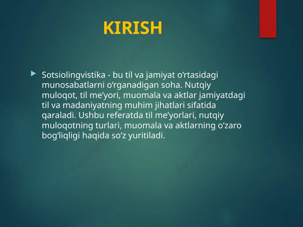 ning o‘zgarish qoidalari (masalan, ko‘plik qo‘llanishi). leksik me’yorlar: leksik me’yorlar so‘zlarning ma’nosini aniq va to‘g‘ri ishlatish bilan bog‘liq. har bir so‘z ma’lum bir kontekstda ishlatiladi va noto‘g‘ri qo‘llanilishi tushunmovchilikka olib kelishi mumkin. sinomik so‘zlar: o‘xshash ma’nolarni ifodalashda so‘zlar turli kontekstlarda qo‘llanadi. so‘z birikmalari va frazeologizmalar: so‘zlarning to‘g‘ri ishlatilishi tilning boyligi va to‘g‘ri ifodalanishini ta’minlaydi. stilistika me’yorlari: tilni vaziyatga qarab, turli xil maqsadlar uchun ishlatish. masalan, rasmiy nutq va noformal nutq orasidagi farqlar. sarlavha va rasmiy so‘zlashuv: rasmiy holatlar, ishbilarmon muhitda ishlatiladigan til. noformal yoki do‘stona til: shaxsiy, noformal muloqotda ishlatiladigan so‘zlar va iboralar. nutqiy muloqot nutqiy muloqot — bu ikki yoki undan ortiq odam o‘rtasida fikr almashish jarayoni bo‘lib, unda til va boshqa kommunikativ vositalar (mimikalar, jismoniy harakatlar) orqali ma’lumotlar uzatiladi. nutqiy muloqot: verbal (so‘zli): til vositalari yordamida amalga oshiriladi. non-verbal (so‘zdan tashqari): mimikalar, jismoniy holatlar, harakatlar orqali ifodalanadi. muomala muomala jamiyatdagi individual yoki guruhlar o‘rtasidagi o‘zaro aloqadir. bu aloqalar …