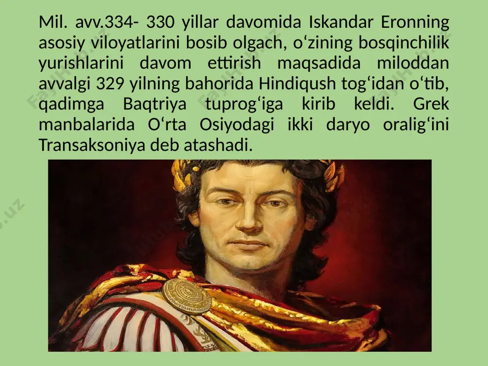 z yaqinlaridan bir kishini tanais ortidagi saklar yurtiga ularning urf-odatlari, kuchi bilan tanishib kelish uchun yubordi. xuddi shu paytda iskandarga samarqanddan chopar kelib, so‘g‘dda unga qarshi spitamen boshchiligida qo‘zg‘olon ko‘tarilganini xabar qiladi. spitamen samarqand qamal qilingan. farnux boshchiligidagi gornizon esa, samarqandga yaqin miyonqol xududida mag‘lubiyatga uchragan edi. dastlab iskandar qo‘zg‘olonchilarga qarshi 2500 jangchidan iborat bo‘lgan qo‘shin yuboradi. ularning kelayotganidan xabar topgan spitamen yolg‘ondan chekinib,qulay fursat topib ularni qirib tashlaydi. / maraqandani ikkinchi marta qamal qiladi. bundan xabar topgan iskandar tezda samarqandga qaytadi. bundan xabar topgan spitamen yana cho‘lga qochadi. lekin makedonskiy ularni ta’qib qilmasdan, qishloq va shaxar aholisini qilichdan o‘tkazadi. qo‘lga olingan 30 so‘g‘d zadagonlari o‘limga qo‘shiq aytib borgan. bu aleksandrni hayron qoldirgan. tarixiy manbalarga ko‘ra, diodor ma’lumoticha, 120 mingdan ortiq qo‘zg‘olonchi va mahalliy katta qismini qirib tashladi. shu paytda xo‘jand qal’asida qoldirilgan, garovda yotgan saklar bosh ko‘taradilar va yunon qo‘shinlari qirib tashlanadi. samarqand qo‘zg‘olonchilariga baqtriyadan yordam keladi. voqealar tahlili …