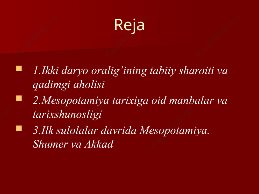 yni asfalt bilan aralashtirib, juda qattiq material yasagan. bu material ikkidaryo oralig’ining janubiy qismida kamdam-kam uchraydigan tosh o’rnida ishlatilgan. mesopotamiyada metall bo’lmasligi ham xarakterlidir, bu hol mahalliy aholini shimoliy va sharqiy metallurgiya rayonlariga qaram qilib qo’ygan armaniston tog’laridagi qorlar erishi natijasida dajla va frot daryolarida vaqt-vaqti bilan bo’lib turadigan toshqinlar sun’iy sug’orishga asoslangan dehqonchilik xo’jaligini rivojlantirishda ma’lum ahamiyatga ega bo’lgan. ikkidaryo oralig’ining janubidagi shumer va mamlakatning o’rta qismini egallagan akkad iqlim jihatidan bir-biridan birmuncha farq qilgan. ikkidaryo oralig’i o’simliklarga ham boy emas. bu mamlakatning eng qadimgi aholisi donli o’simliklarni, ya’ni arpa va bug’doyni mamlakat iqlimiga moslashtirib olgan. ikkidaryo oralig’ining janubiy qismida yovvoyi holda o’sadigan xurmo daraxti va shakar qamishi mamlakatning xo’jalik hayotida katta ahamiyatga ega bo’lgan. hatto xurmoni “hayot daraxti” deb ulug’lashgan. taxminlarga ko’ra, yog’ chiqarish uchun ishlatiladigan sezam (kunjut), shuningdek shirin smola chiqadigan yulg’un (tamarisk) mahalliy o’simliklardan bo’lsa kerak. olimlarning olib borgan izlanishlari shuni ko’rsatdiki, ikki daryo oralig’ida odamlar …