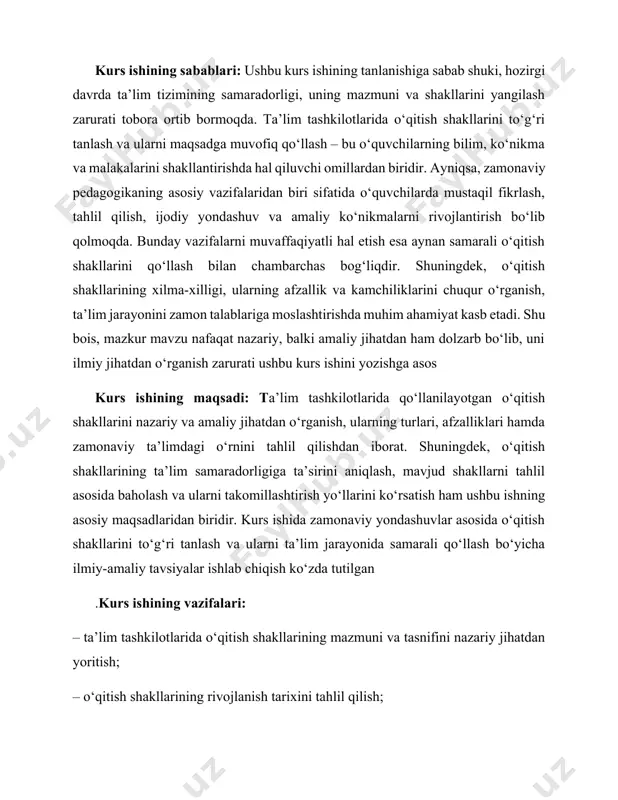amonaviy ta’limdagi o‘rnini tahlil qilishdan iborat. shuningdek, o‘qitish shakllarining ta’lim samaradorligiga ta’sirini aniqlash, mavjud shakllarni tahlil asosida baholash va ularni takomillashtirish yo‘llarini ko‘rsatish ham ushbu ishning asosiy maqsadlaridan biridir. kurs ishida zamonaviy yondashuvlar asosida o‘qitish shakllarini to‘g‘ri tanlash va ularni ta’lim jarayonida samarali qo‘llash bo‘yicha ilmiy-amaliy tavsiyalar ishlab chiqish ko‘zda tutilgan .kurs ishining vazifalari: – ta’lim tashkilotlarida o‘qitish shakllarining mazmuni va tasnifini nazariy jihatdan yoritish; – o‘qitish shakllarining rivojlanish tarixini tahlil qilish; – zamonaviy ta’limda qo‘llanilayotgan o‘qitish shakllarini o‘rganish va ularning afzallik hamda kamchiliklarini aniqlash; – turli yosh toifalari va ta’lim bosqichlari uchun mos o‘qitish shakllarini aniqlash; – amaliy misollar asosida o‘qitish shakllarining ta’lim samaradorligiga ta’sirini ko‘rsatish; – ta’lim tashkilotlarida o‘qitish shakllarini takomillashtirish bo‘yicha ilmiy-amaliy takliflar ishlab chiqish. kurs ishining ob’ekti: ta’lim tashkilotlarida qo‘llaniladigan o‘qitish shakllari va ularning ta’lim jarayonidagi samaradorligi. kurs ishining tarkibiy tuzilishi: ushbu kurs ishi kirish, uchta asosiy bob, xulosa va foydalanilgan adabiyotlar ro‘yxatidan iborat. kirish qismida …