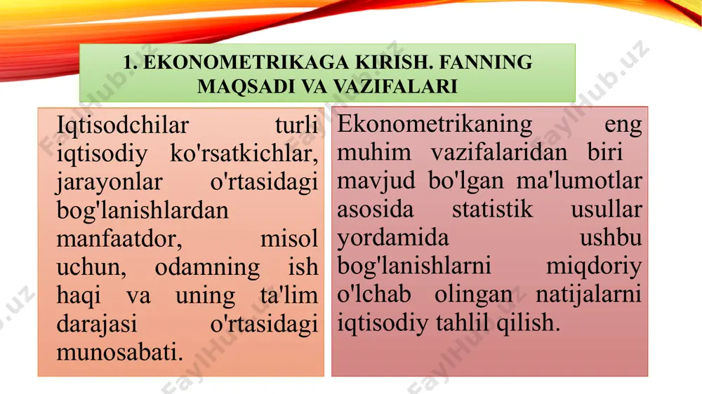 iy nazariya matematika statistika ekonometrika ekonometrika ekonometrikaning predmeti bu iqtisodiy jarayonlar va hodisalarning o'zaro bog'liqligini miqdoriy ifodalanishni o'rganish hisoblanadi ekonometrikaning maqsadi real iqtisodiy ob'ektlarni modellashtirish va miqdoriy tahlil qilishning usullarini ishlab chiqishdan iborat. ekonometrikaning vazifalari modelni spetsifikatsiya qilish modelni parametrlashtirish modelni verifikatsiya qilish model asosida prognoz qilish empirik tahlil uchun ekonometrik modellarni tuzish tuzilgan model parametrlarini baholash model parametrlari sifatini va butun modelning o'zini tekshirish ekonometrik modellashtirish natijalari bo'yicha aniq iqtisodiy hodisalar uchun prognozlar tuzish va takliflar ishlab chiqish 1) ekonometrik usullar yordamida moddiy, mehnat va pul resurslaridan oqilona foydalaniladi. ekonometrik modellashtirish va modellarning ahamiyati quyidagilarda namoyon bo'ladi: 2) ekonometrik usullar va modellar iqtisodiy va tabiiy fanlarni rivojlantirishda etakchi vosita bo'lib xizmat qiladi. 3) ekonometrik usullar va modellar yordamida tuzilgan prognozlarni umumiy amalga oshirish vaqtida ayrim tuzatishlarni kiritish mumkin bo'ladi. 4) ekonometrik modellar yordamida iqtisodiy jarayonlar faqat chuqur tahlil qilibgina qolmasdan, balki ularning yangi o'rganilmagan qonuniyatlarini ham ochishga imkoni yaratiladi. …