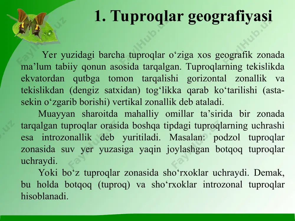 maydonini alohida qimmatga ega bo‘lgan sug‘oriladigan unumdor yerlar tashkil qiladi yoki ular 9,6 % (foizni) tashkil qiladi. respublika bo‘yicha lalmi ekin yer maydoni 743 ming gektarini tashkil etadi. lalmi ekin yerlarning maydoni kichik bo‘lishiga qaramay, ba’zi xo‘jaliklarda ularni ishlab chiqarish quvvati ancha kattadir. lalmi yerlarda qo‘shloq xo‘jalik ekin turlarini yetishtirish tuproq qatlamida yog‘ingarchik davrida yig‘ilgan namlik hisobiga bo‘lganlingi sababli, respublikada lalmi ekinlar o‘rtacha yillik yog‘ingarchilik 200 mm dan yuqori bo‘lgan xududlarda joylashgan. bo‘z yerlar maydoni 80,7 ming gektar, shuningdek sug‘oriladigan 46,5 ming gektar, lalmi 34,2 ming gektarni tashkil qiladi. respublikaning ko‘pchilik qismini ( 22151,3 ming gektarini yaylov tashkil etib, chorvachilikning asosiy ozuqa manbai hisoblanadi. suv bilan ta’minlangan yer 19449,2 ming gektar yoki 87 % ni tashkil etadi. o‘zbekiston tuproqlar gegrafiyasining hududlari bu quruq iqlimli, asosan past tekisliklardan iborat cho‘l mintaqasi. bu hudud umumiy maydonning 71,7% ini tashkil etadi iqlim sharoiti yumshoqroq va namli, tog‘ oldi va tog‘liklardan iborat cho‘l-dasht mintaqasi …