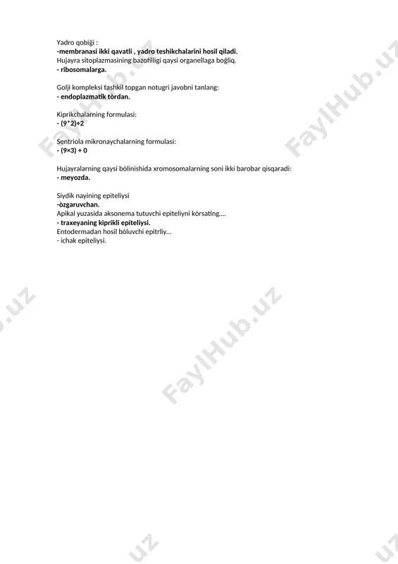 tsitlar. bazofil leykositlardagi donachalarning metaxramaziyasi boĝliq: -geparinga. normal eritrotsitlarning shakli: - diskotsit. etuk odam qonidagi limfotsitlarning miqdori: -20-35. eritrotsitlarning yosh shakllari. - retikulotsitlar. plazmolemma qanday vazifani bajarmaydi: - oqsil sintezi doimiy bo'lmagan hujayra ehtiyoji uchun sintezlanadigan metobolitik xolatlarga boĝliq bòlgan komponent: - kiritmalar lizosomalarning turlarini kòrsating notugri javobni tanlang. - turtlamchi yadroning tarkibiy qisimlarini notuĝrisini kòrsatin. - sitoplazma hujayra bo'linish dukining shakillanishida qaysi organellalar ishtirok etadi. - sentriolalar hujayra yadrosining xromatinining tarkibi: - dnk va xromosoma oqsillari. sillik endoplazmatik turning vazifalariga kirmaydi: - oqsil sintezi. mitoxondriyalarga xos bòlmagan xususiyat: - gormon sintezlaydi. umumiy tuzilishiga ega bòlib ma'lum bir funksiyani bajarishga ixtisoslashgan hujayra va hujayra bòlmagan tuzilmalarga aytiladi: - tòqima. kòp yadroli protoplazmatik tuzilmalar bular: - simplastlar. qaysi organoid moddalarni hujayra ichida xazm qilinishida qatnashadi: - lizosoma. yadrocha quyidagi vazifani bajaradi: - r-rnk sintezlash. qaysi organoid moddalarni hujayra ichida xazm qilinishida qatnashadi: - lizosoma. mitoxondriyalarda tafovut qilinadi: - tashqi va ichki …