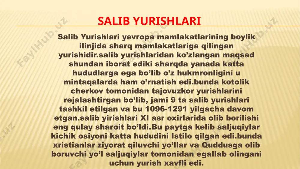 ladan, frensis assisi quddusni kuchli va mag'rurlar emas, balki zaif va gunohsizlar ozod qilishlari mumkinligini e’lon qiladi.stefan islmli bola tush kuradi, go’yoki iso alayhisalom uni quddusga olib borganini da’vo qilib fransiyaning marsel shahri portiga bolalrni to’playdi. muqaddas yurtga borish va uni qurol kuchi bilan emas, faqat xudoning yordami bilan ozod qilish uchun shaharlarda to'plangan bolalar olomon bo’lib to’planishadi. 1212-yilda germaniyadagi reynlandiyadan minglab bolalar janubga to‘planib, alp tog‘larini kesib o‘tib genuyaga yetib kelishdi. u yerdan turli tomonlarga tarqalib ketishdi: ba'zilari italiyaning janubiga ko'chib o'tishdi, boshqalari marselga ketishdi, boshqalari esa uyga qaytishga harakat qilishdi. yo'lda ko'pchilik ochlik va tashnalikdan vafot etadi. genuya va marselda savdogarlar bolalarni falastinga olib borish uchun kemalarga olishadi. bo'ron ostida qolgan ba'zi kemalar cho'kib ketdi, qolganlari shimoliy afrika qirg'oqlariga etib olishdi. bu yerda tirik qolgan bolalar qullikka sotilgan. 19 salibchilarning davlatlari xii-xiii -asrlarda yaqin sharq va anadoluda salibchilar tomonidan bosib olingan hududlarda yangi mustamlaka mulklar tashkil etishadi. birinchi …