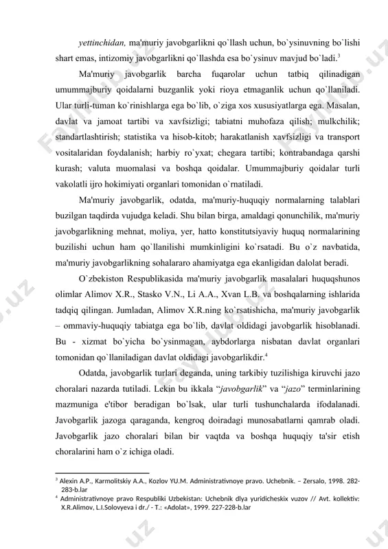 qo`llaniladi. voyaga yetmaganlarning ma'muriy javogarligi o`zbekiston respublikasi vazirlar mahkamasining 2000 yil 21 sentyabdagi “voyaga yetmaganlar ishlari bo`yicha komissiyalar faoliyatini takomillashtirish haqida”gi 360-sonli qarorida voyaga yetmaganlar o`rtasida huquqiy-tarbiyaviy ishlar susaytirib yuborilganligi, ular ustidan bo`lgan nazoratning bo`shligi, ish bilan ta'minlash va boshqa muammolar qoniqarli darajada hal etilmayotganligi oqibatida ko`plab yoshlar tomonidan huquqbuzarlik va jinoyatlar sodir etish, giyohvandlik va ichkilikbozlikka berilish, diniy aqidaparastlik yoki turli zararli oqimlar, guruhlar ta'siriga tushib qolish kabi salbiy holatlar uchrab turganligi haqida to`xtalib o`tilgan. yoshlarni ijtimoiy mehnatga jalb etish, tarbiyalash, ular o`rtasida huquqbuzarlik va jinoyatchilikning oldini olishga mutasaddi bo`lgan o`zini o`zi boshqarish organlari, o`quv muassasalari va boshqa idoralarning faoliyatini muvofiqlashtiruvchi mahalliy hokimliklar huzuridagi mavjud komissiyalar o`z faoliyatini deyarli to`xtatib qo`yganligi ta'kidlangan. voyaga yetmaganlar o`rtasida tarbiyaviy ishlarni kuchaytirish, ular tomonidan huquqbuzarliklar sodir etilishining oldini olish, bu yo`nalishda mas'ul bo`lgan davlat idoralari, jamoat tashkilotlari hamda voyaga yetmaganlar ishlari bo`yicha komissiyalar faoliyatini muvofiqlashtirish va yanada takomillashtirish maqsadida vazirlar mahkamasi “voyaga yetmaganlar …