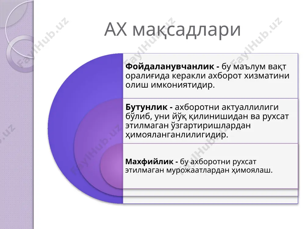 акторлар(табиий офатлар, кучли электромагнит нурланиш, диверсион ҳужум) ҳисобланади. 18 ахборот тизимларида ички ва ташқи таҳдидлар 19 ахборот технологиялар бозорида ахборот хавфсизлигини ташқи таҳдидлардан ҳимоя қилувчи дастурий таъминотнинг 4 та асосий турлари мавжуд: антивирус дастурлари корпоратив тармоқлар орасидаги экран шахсий файерволлар ҳуружларга қарши тизимлар компьютер тармоғига рухсат этилмаган киришлар ташкилот тармоғига рухсат этилмаган киришларнинг мақсади, зарар етказиш (маълумотнинг йўқолиши), махфий ахборотнинг ўғирланиши ва уни ноқонуний мақсадларда ишлатишга олиб келиши мумкин. компьютер тармоғига рухсат этилмаган киришлар профессионаллар орасида рухсат этилмаган кириш усуллари қуйидагича ўзига ҳос ном олган: "туйнук" усули "маскарад"усули "очиқ жойларни топиш" усули "шошилмаган ҳолда танлаш" усули "компьютер абордаж" усули эътибориз учун рахмат! 22 image2.png image3.png image4.png image5.png image6.gif image7.jpeg image8.png image9.png image10.png image11.png image12.png image13.png image14.png image15.png /docprops/thumbnail.jpeg