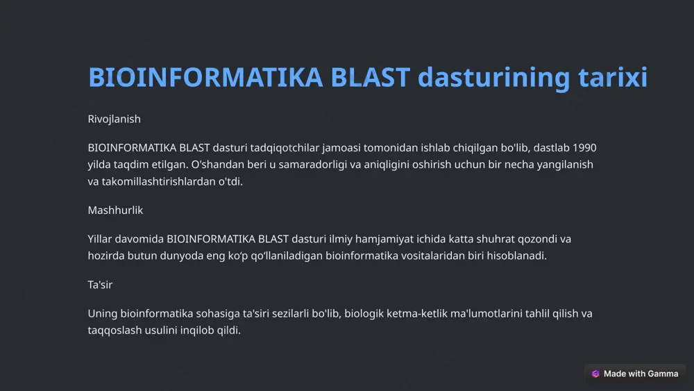 i xil va ixtisoslashtirilgan ma'lumotlar bazalarini kiritish kengaytirilgan tahlillar uchun metagenomik ma'lumotlar to'plamining integratsiyasi 10 bioinformatics blast bilan epik sarguzashtga tayyorlaning! olimlar tirik mavjudotlar sirlarini ochish uchun foydalanadigan kuchli vosita - bioinformatics blast dunyosiga qadam qo'ying! turli xil biologik ketma-ketliklar o'rtasidagi ajoyib o'xshashliklarni taqqoslash va kashf qilish bo'yicha hayajonli sayohatda ularga qo'shiling. hayratlanishga tayyor bo'ling! 11 image1.png image2.png image3.png image4.png image5.png image6.png image7.png image8.png image9.png image10.png