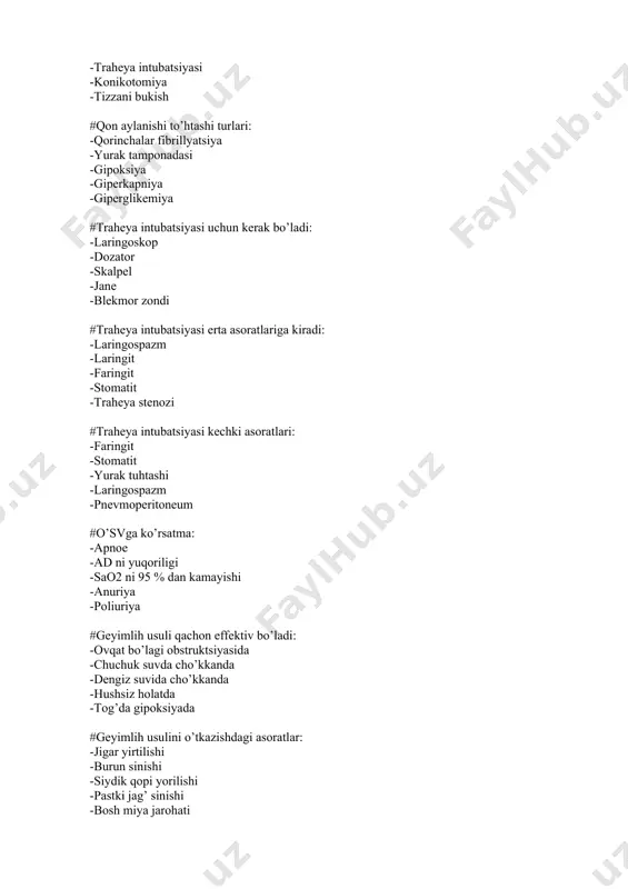 on tomirlar qarshiligin ing oshishi - gipoksiya # kardiogen shokning reflector formasi uchun xos: - kompensator periferik tomir qarshiligining oshishi bo’lmasligi - yurak bir martalik ishining kamayishi - periferik tomir qarshiligining reflector oshishi - yurak bir martalik ishining ortishi - keskin bradikardiya # chin kardiogen shok uchun xos : - chap qorincha qisqaruvchanligining to’satdan susayishi - periferik qon tomirlar umumiy qarshiligining birdaniga oshishi - yaqqol rivojlangan og’riq sindromi - periferik qon tomirlar umumiy qarshiligining pasayishi - shishlar # ko’pikni bartaraf etish uchun qo’llaniladigan vosita : - antifomsilan va etanol - astmopent va alupent - etamzilat va propanol - inderal va methanol - eufillin # anafilaktik shokda nafas buzilishining sababi: - bronhiolospazm - spontan pnevmotoraks - nerv o’tkazuvchanligining buzilishi - bosh miya shishi - gipoksiya # anafilaktik shokda ishlatiladi: - adrenalin 0,5 - 1,0 mg v/i tomchilab yoki boshqa yo’l bilan - strofantin 2 - 3 - mg/kg - atropin 0,1 …