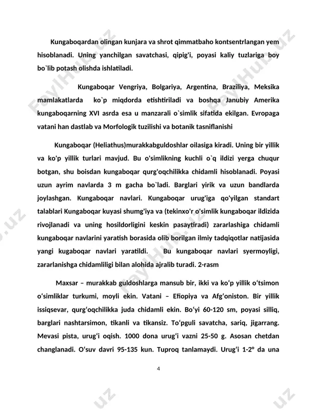 aynida o‘rib-yig‘ib olinadi. hosildorligi: 8-14 s/ga va undan ortiq. hozirgi kunda o‘zbekistonda maxsarning 5 navi yetishtiriladi. 3-rasm efir moyli ekinlar — efir moylari olish uchun yetishtiriladigan ekinlar guruhi; texnika ekinlari. ayrim organlari (guli, urugʻi, mevasi, poyasi, ildizpoyasi, bargi va boshqalar) yoki tanasida efir moylari (xushboʻy moddalar) toʻplaydi. efir moyli ekinlarining daraxt, buta va bir va koʻp yillik oʻtlar turlari bor. ular tropik, subtropik mintaqalarda koʻp tarqalgan, moʻtadil iqlimli hududlarda ham ekiladi. oʻzbekistonda efir moyli oʻsimliklarning 50 oilaga kiruvchi 233 turi mavjud, lekin ayrimlari (arpabodiyon, jambil, kashnich, qora zira, yalpiz va boshqalar) maxsus ekiladi. efir moyli ekinlarining baʼzi turlarining mevasi va bargi tarkibida 1,5% dan 6—7% va undan ortiq efir moyi (atenol, mentol, yevgenol va boshqalar), shuningdek, 11—27% texnik moy bor. jahon dehqonchiligida efir moyli ekinlaridan atirgul, yorongul, lavanda, yalpiz asosiy ahamiyatga ega. oʻsimliklarning xushboʻyligi efir moylarining miqdori, tarkibi va sifatiga bogʻliq. birlashgan millatlar tashkiloti oziq-ovqat va qishloq xo‘jaligi tashkilotiga (fao) …